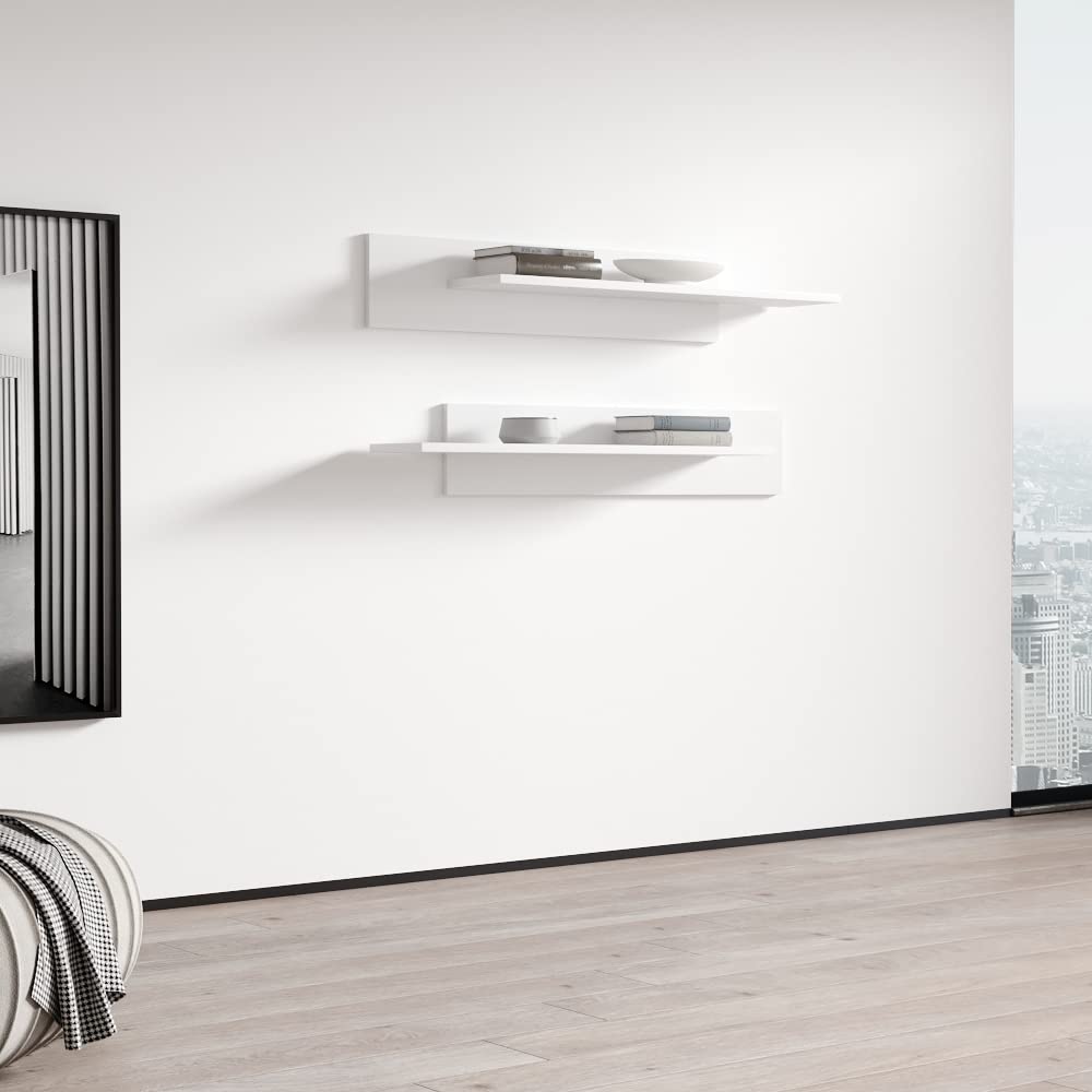 Modern Floating Wall Shelves - Durable White Wooden Book Storage with High Gloss Finish | Rectangular Fly Type-MX Modular Shelving for Living Room, Bedroom & Office Organization