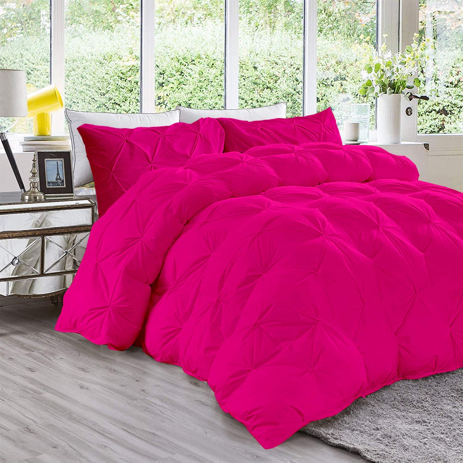 600 GSM 3-Piece All-Season Quilted Pinch Pleated Fluffy Comforter Set - 100% Cotton Duvet Insert with 2 Pillow Cases (Super Queen Size, Hot Pink) | Ultra Soft Bedding for Cozy Nights & Luxury Hotel-Style Bedroom Decor