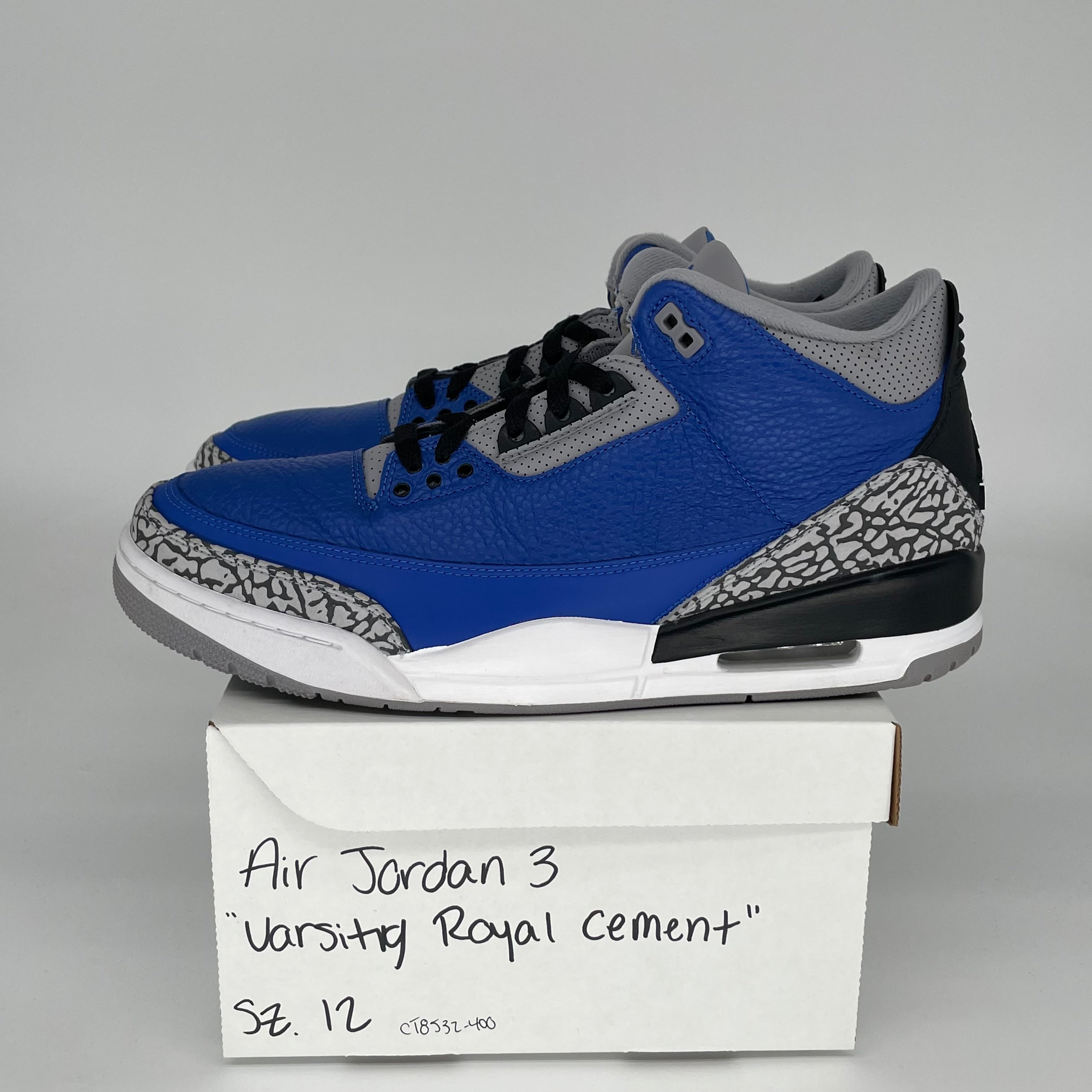 Original Air Jordan 3 Retro 'Varsity Royal' Cement Grey Men's Basketball Shoes Size 12 (CT8532-400) - Perfect for Streetwear, Sneaker Collecting & Casual Fashion
