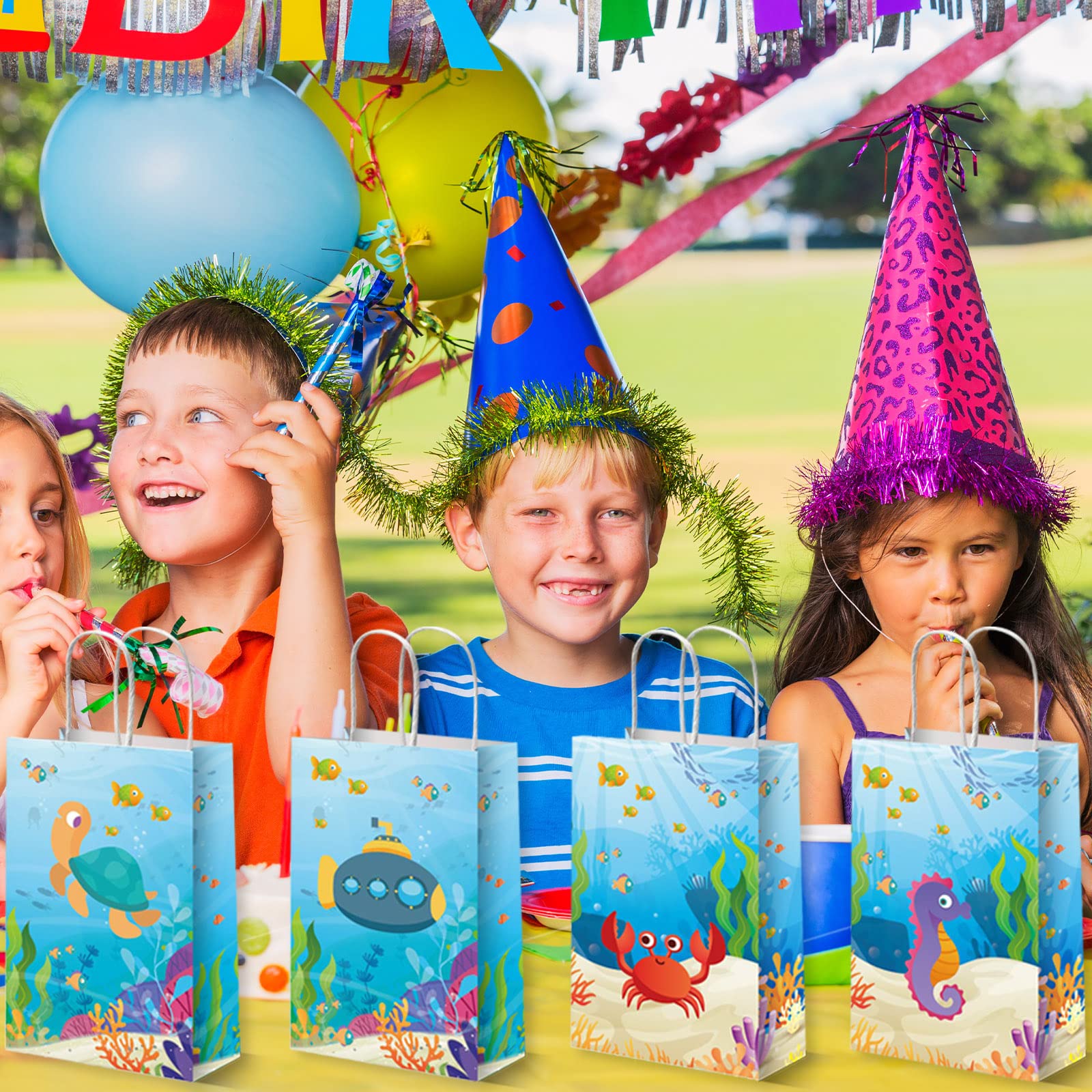 12 Pack Under the Sea Party Favor Bags - Ocean Themed Marine Animal Treat Bags with Fish, Mermaid & Sea Creature Designs for Kids Birthday, Baby Shower & Themed Parties - Perfect for Candy, Goodies & Party Favors