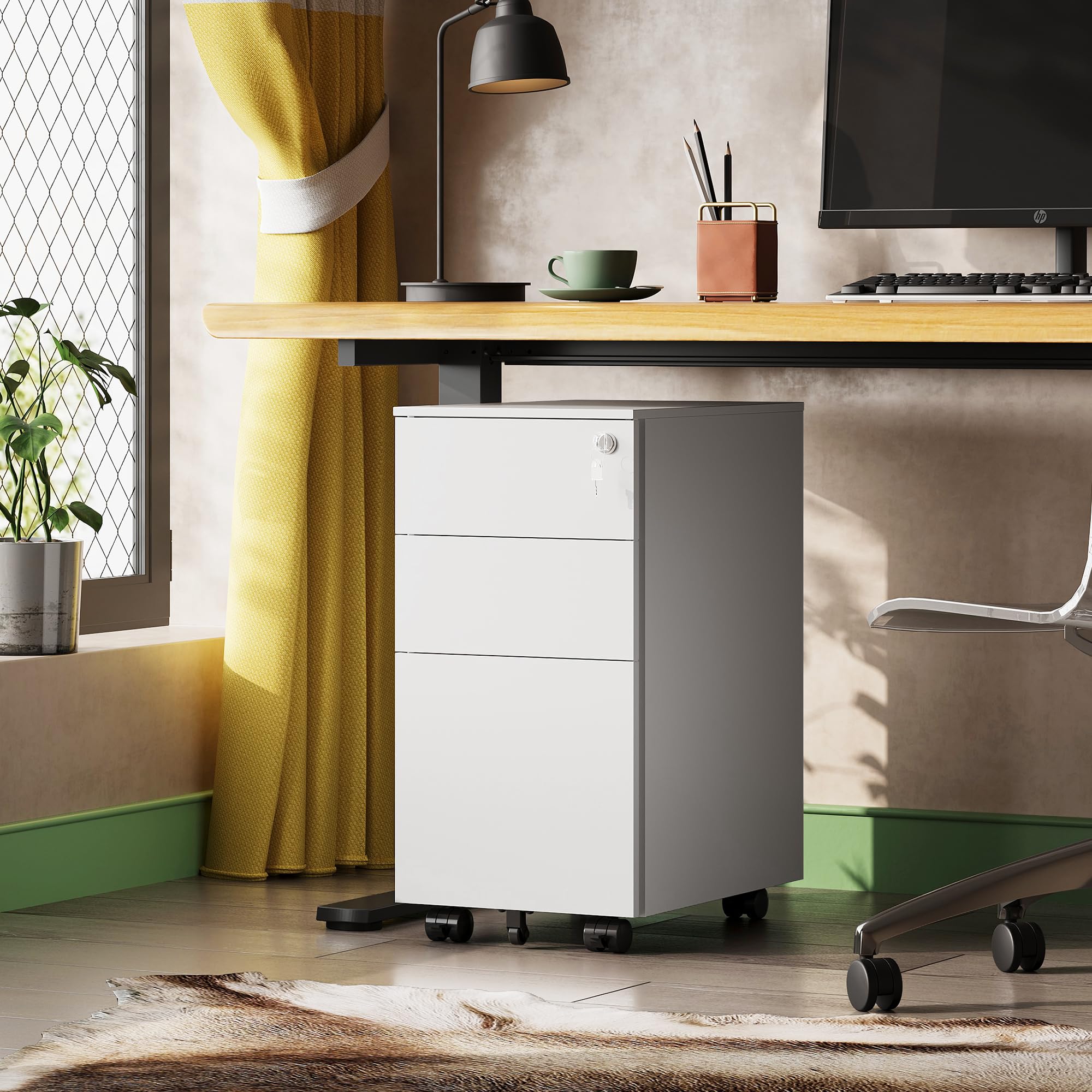 DEVAISE White 3-Drawer File Cabinet - Slim Under Desk Storage Organizer for Home Office, Rolling File Cabinet with Lock (11.8 Inch) - Perfect for Small Spaces & Document Organization
