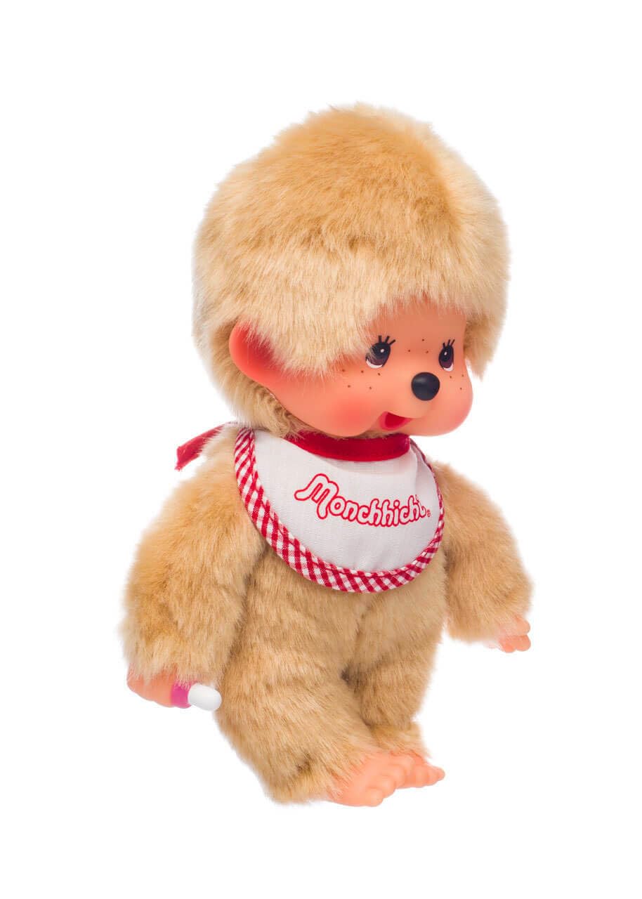 Monchhichi Sekiguchi Beige Plush Toy Boy with Bib - Red & White Outfit | Cute Collectible Doll for Kids, Gift for Baby Showers & Nursery Decor