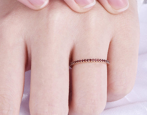 14k Rose Gold Garnet Wedding Band - Half Eternity Ring for Women, Stackable Anniversary Jewelry, Custom Gemstone Ring for Bridal, Engagement & Special Occasions