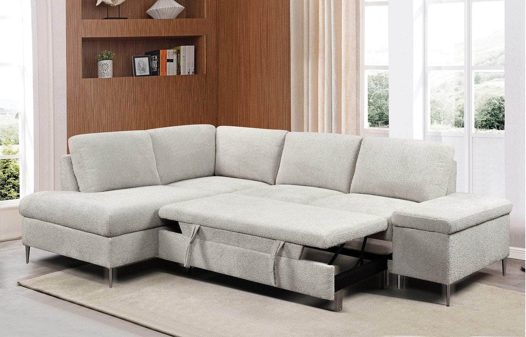 Summit Park Boucle Sleeper Sectional Sofa with Left Facing Chaise & Storage Bench - Beige Modern Fabric Sofa Bed for Small Spaces | Living Room, Guest Room & Apartment Furniture