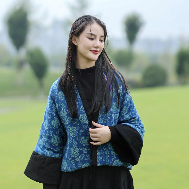 Vintage Floral Blue Cotton Padded Coat for Women - Warm Winter Jacket with Quilted Design for Casual Outings & Outdoor Activities