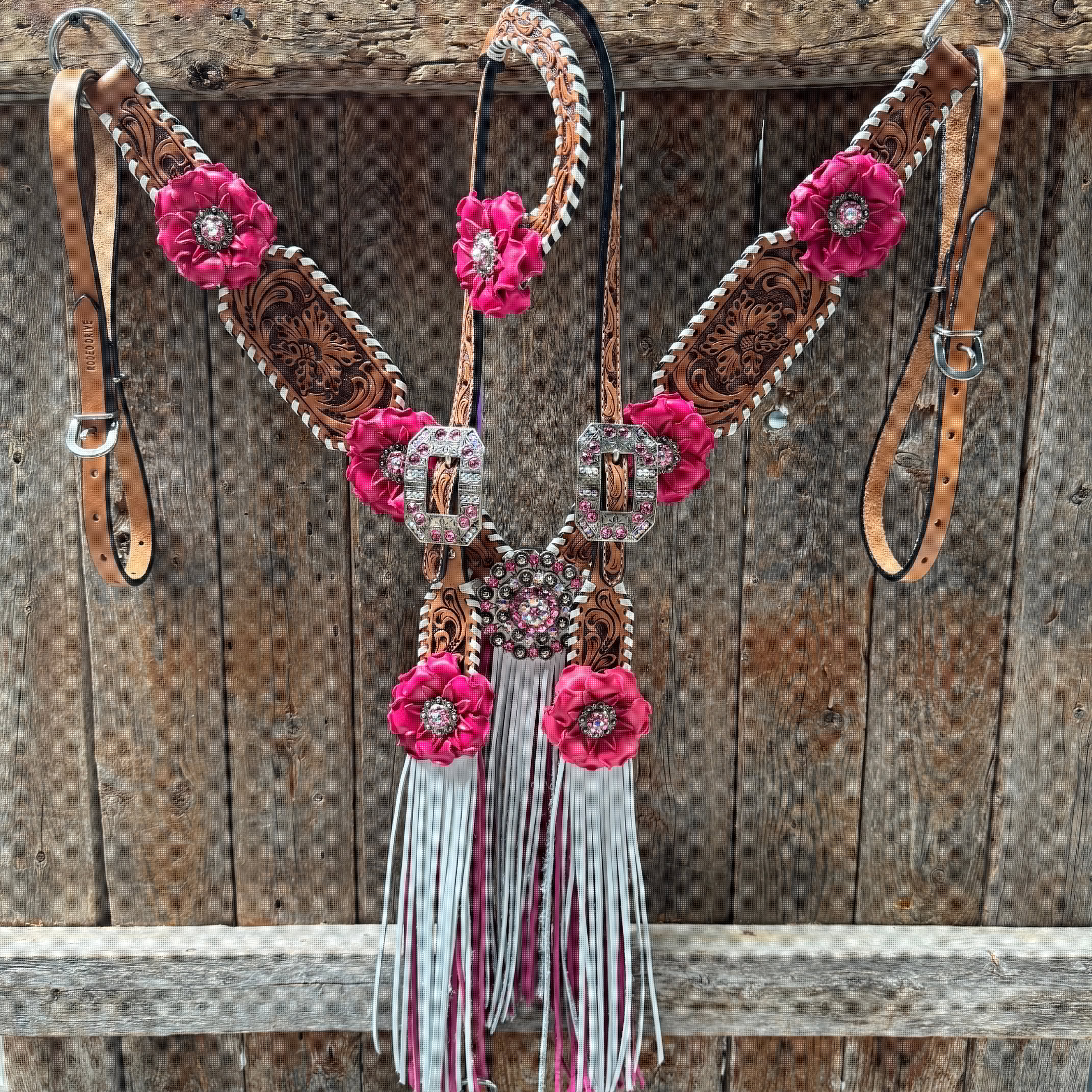 Pink and White Light Oil Whipstitch One Ear & Breastcollar Horse Tack Set #OEBC437 - Perfect for Western Riding, Shows, and Trail Competitions
