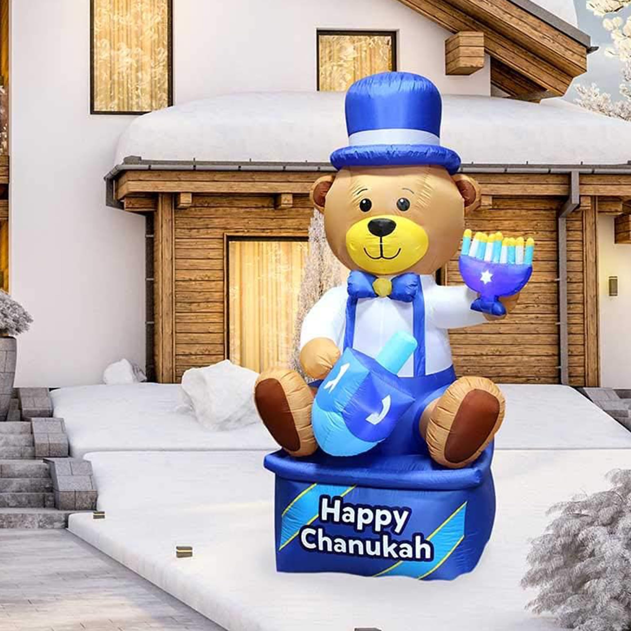 8' Inflatable Hanukkah Bear Yard Decoration with Built-in LED Lights - Multi-Blue Chanukah Indoor/Outdoor Decor - Includes Air Blower & Tie-Down Stakes - Perfect for Hanukkah Lawn, Garden, and Holiday Party Decorations
