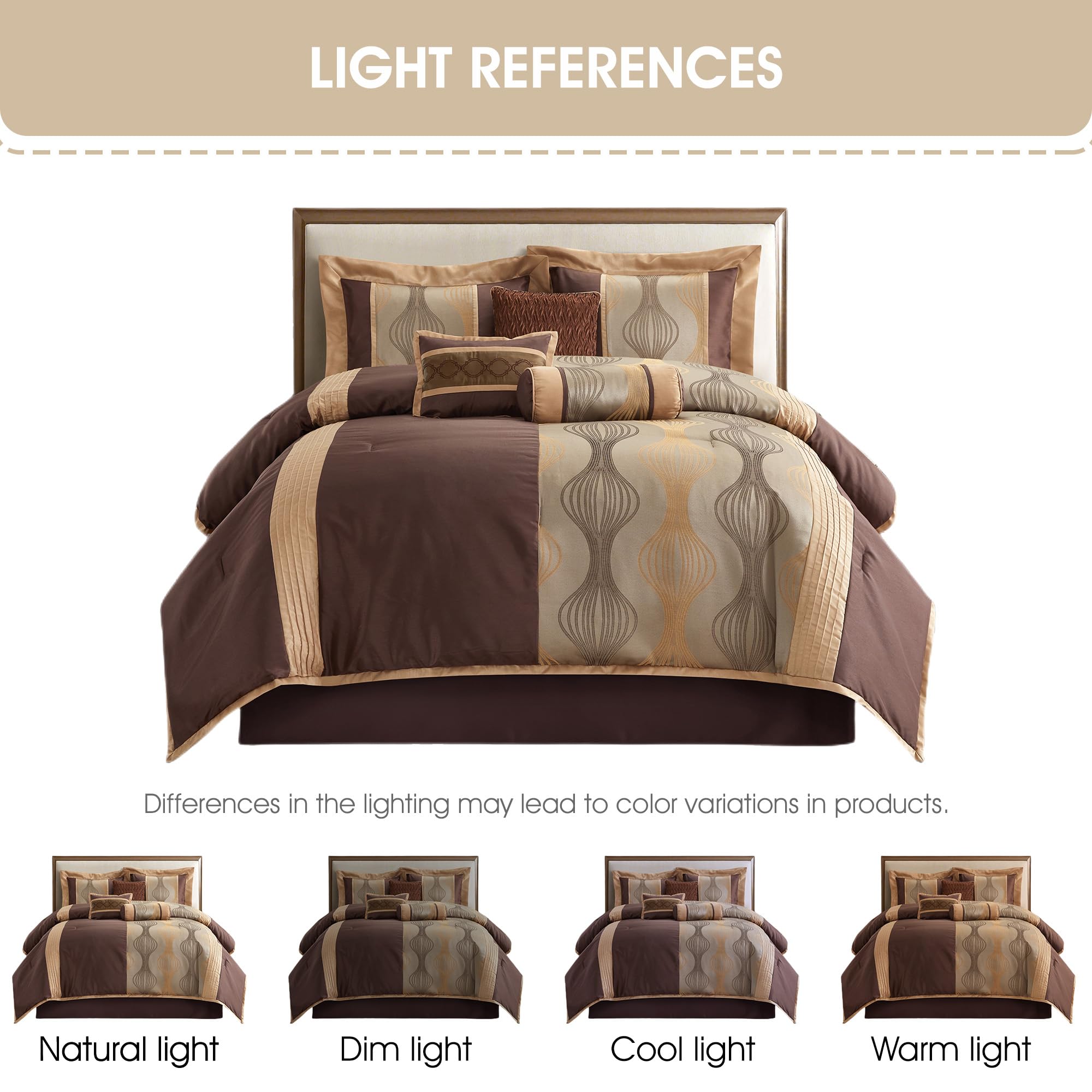Grand Avenue Elegant Brown 7-Piece Queen Comforter Set - Striped Jacquard All-Season Bedding with Decorative Pillows & Shams | Perfect for Master Bedroom, Guest Room & Cozy Home Decor