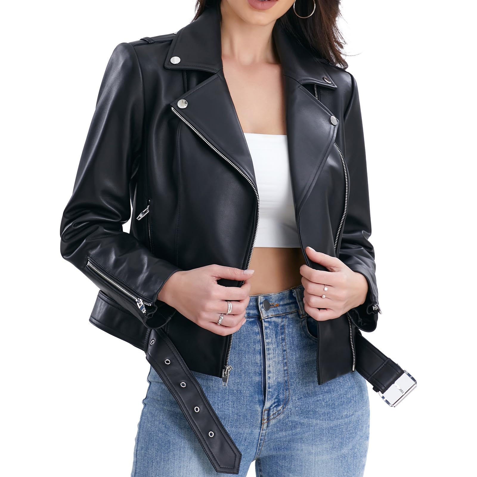 Genuine Lambskin Leather Jacket for Women - Stylish Motorcycle Jacket with Zip Front & Adjustable Belted Waist, Multiple Pockets - Perfect for Riding, Casual Outfits & Night Out
