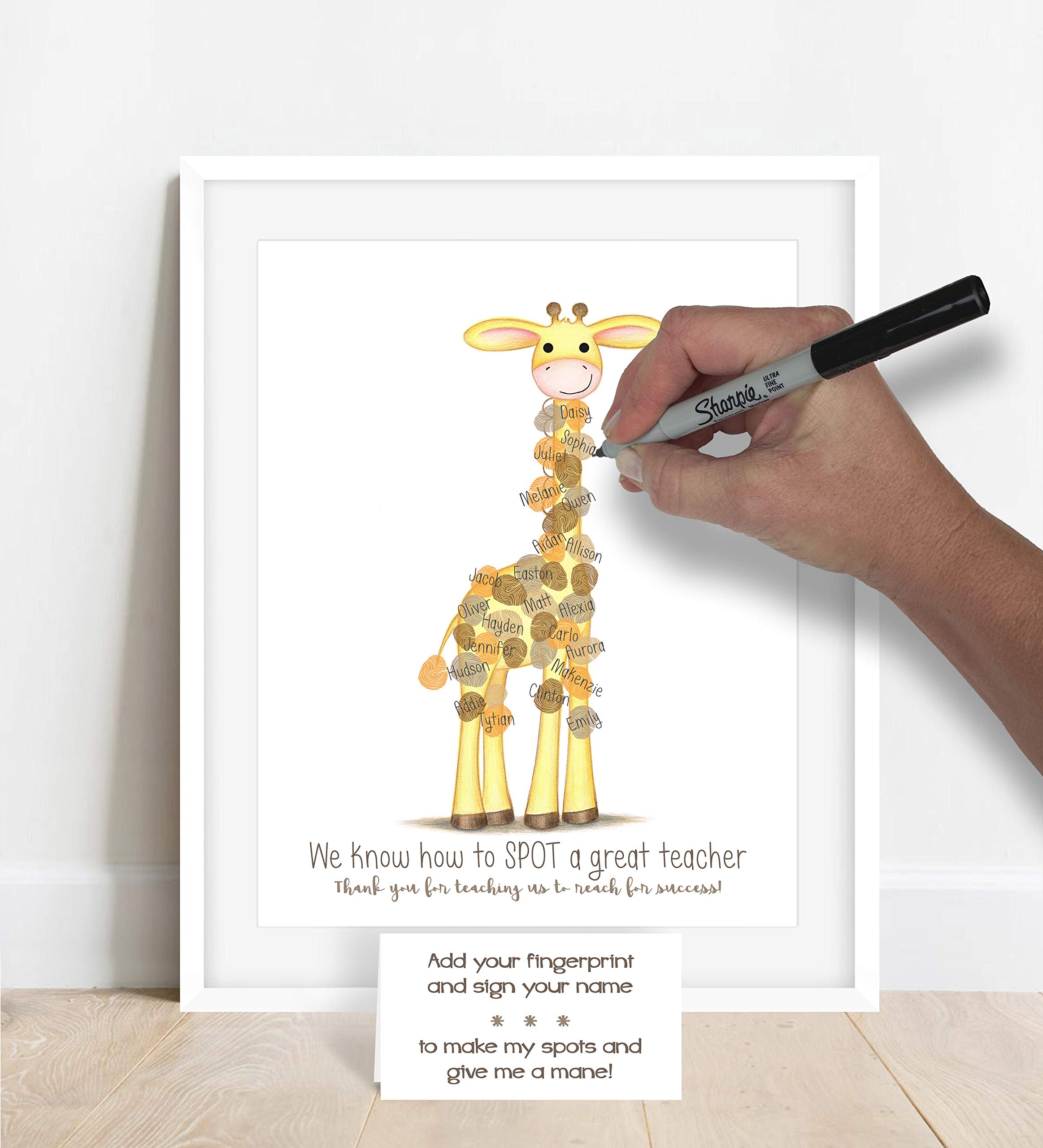 Personalized Giraffe Themed Teacher Appreciation Fingerprint Poster - Unique Teacher Gift Ideas for School Staff - End of Year Student Gift - Stand Tall Like a Giraffe - Perfect for Classroom Decor, Teacher's Day, Retirement & Thank You Gifts