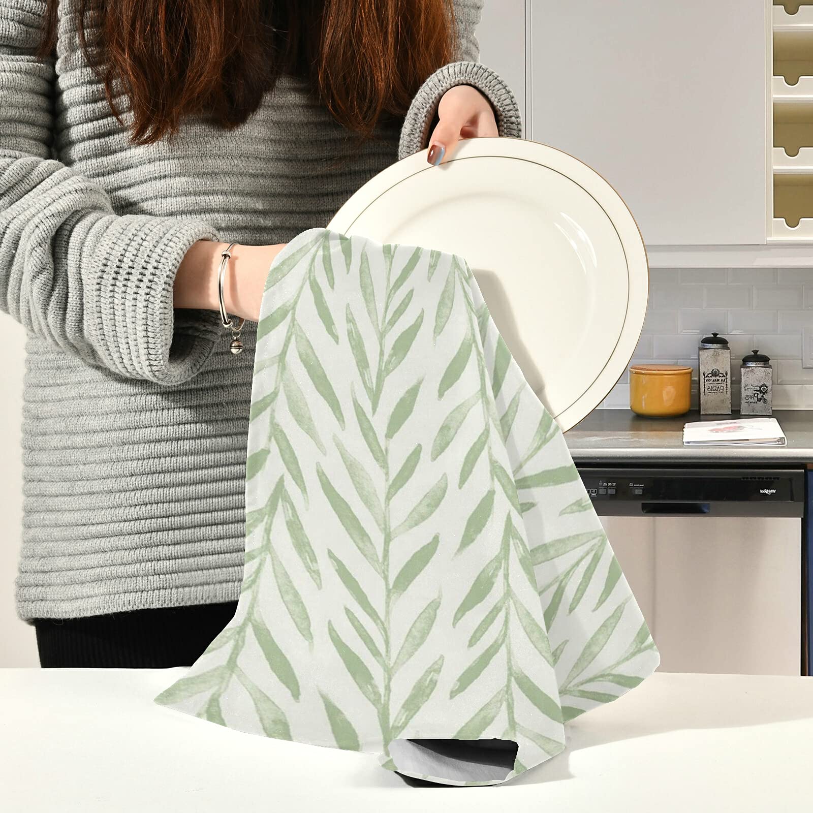 Premium Super Absorbent Lint-Free Dish Towels Set of 6 - 18x28 Inch Soft Kitchen & Bath Cleaning Cloths in Turquoise Green Leaf Design - Perfect for Washing Dishes, Drying Hands, and Bar Tea Service