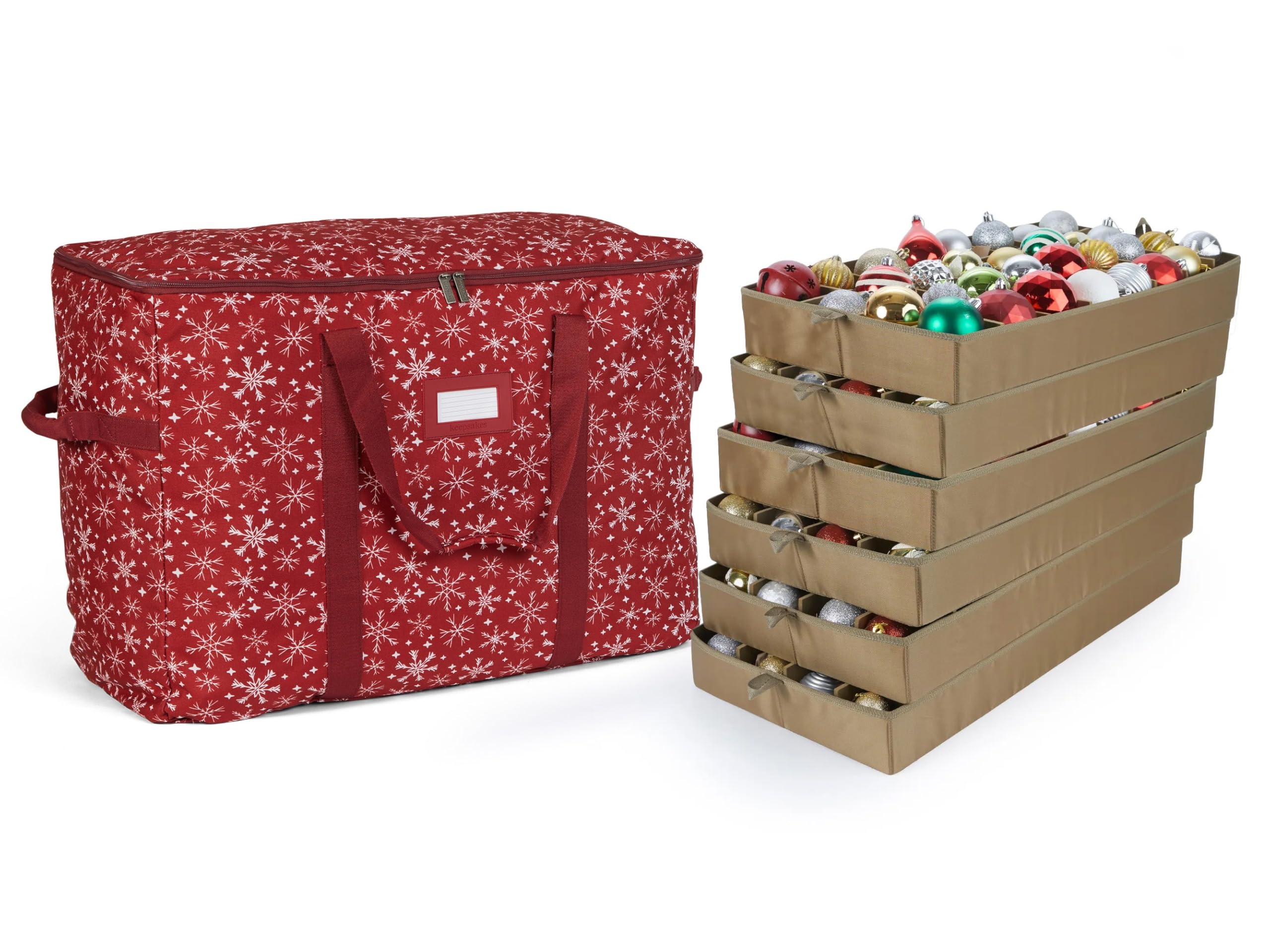 Covermates Keepsakes Adjustable Ornament Storage Bag with Carrying Handles & Padded Protection - Holiday Decoration Organizer for Christmas Tree Ornaments (Red Snowflake Design) - Perfect for Seasonal Storage & Home Organization
