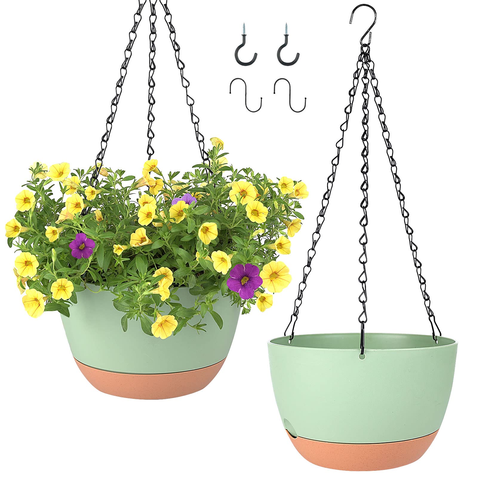 2 Pack 8 Inch Self Watering Hanging Planters - Indoor/Outdoor Plastic Flower Pots with Drainage Holes for Home Garden Decor (Green) - Perfect for Balcony, Patio, and Living Room Plant Display