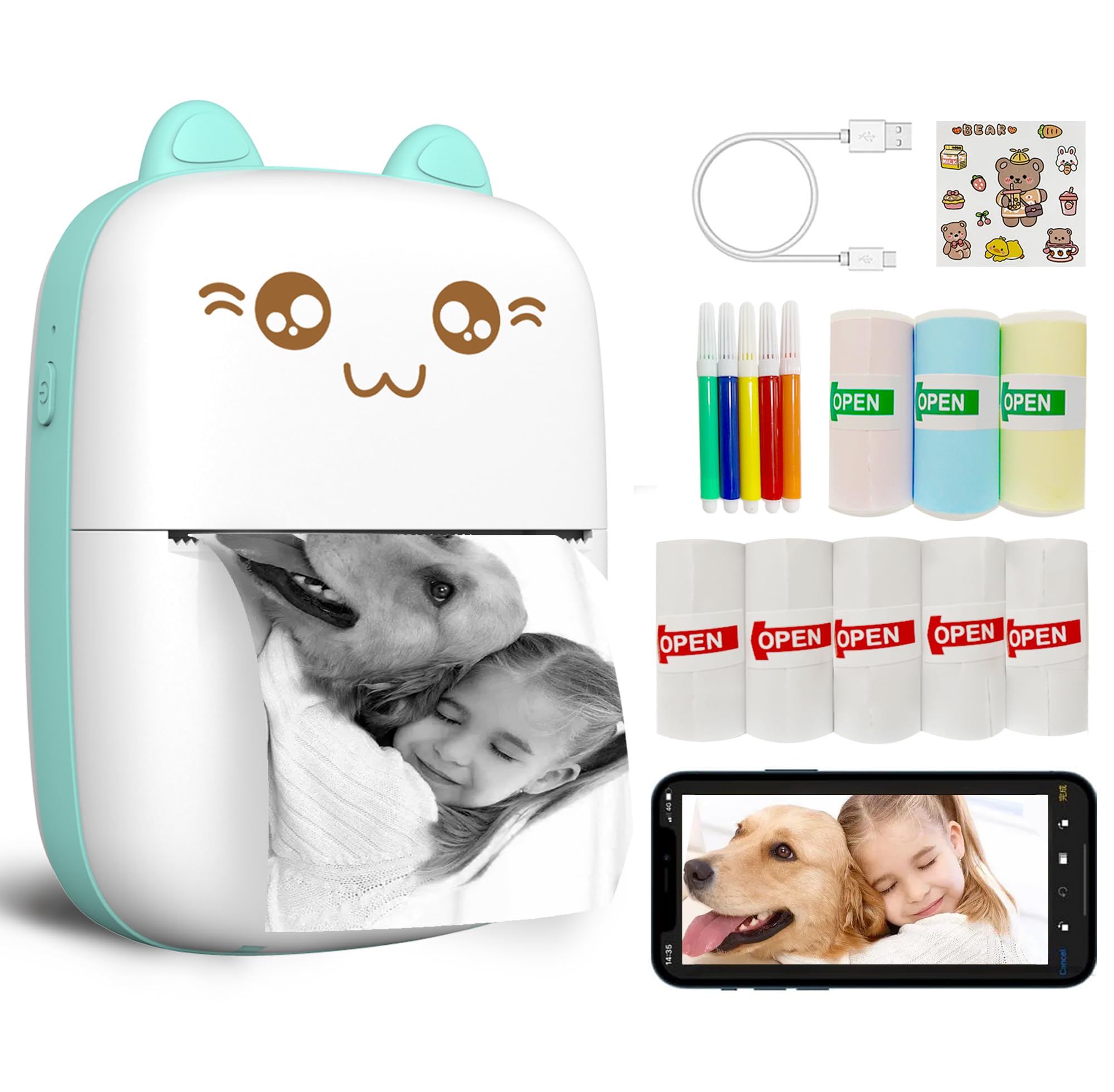 Portable Mini Thermal Printer - Bluetooth Wireless Inkless Sticker Printer with 8 Rolls Paper, Compatible with iOS & Android for Journaling, Memos, Photos - Perfect for Kids, Girls, DIY Crafts, School Projects & Party Favors