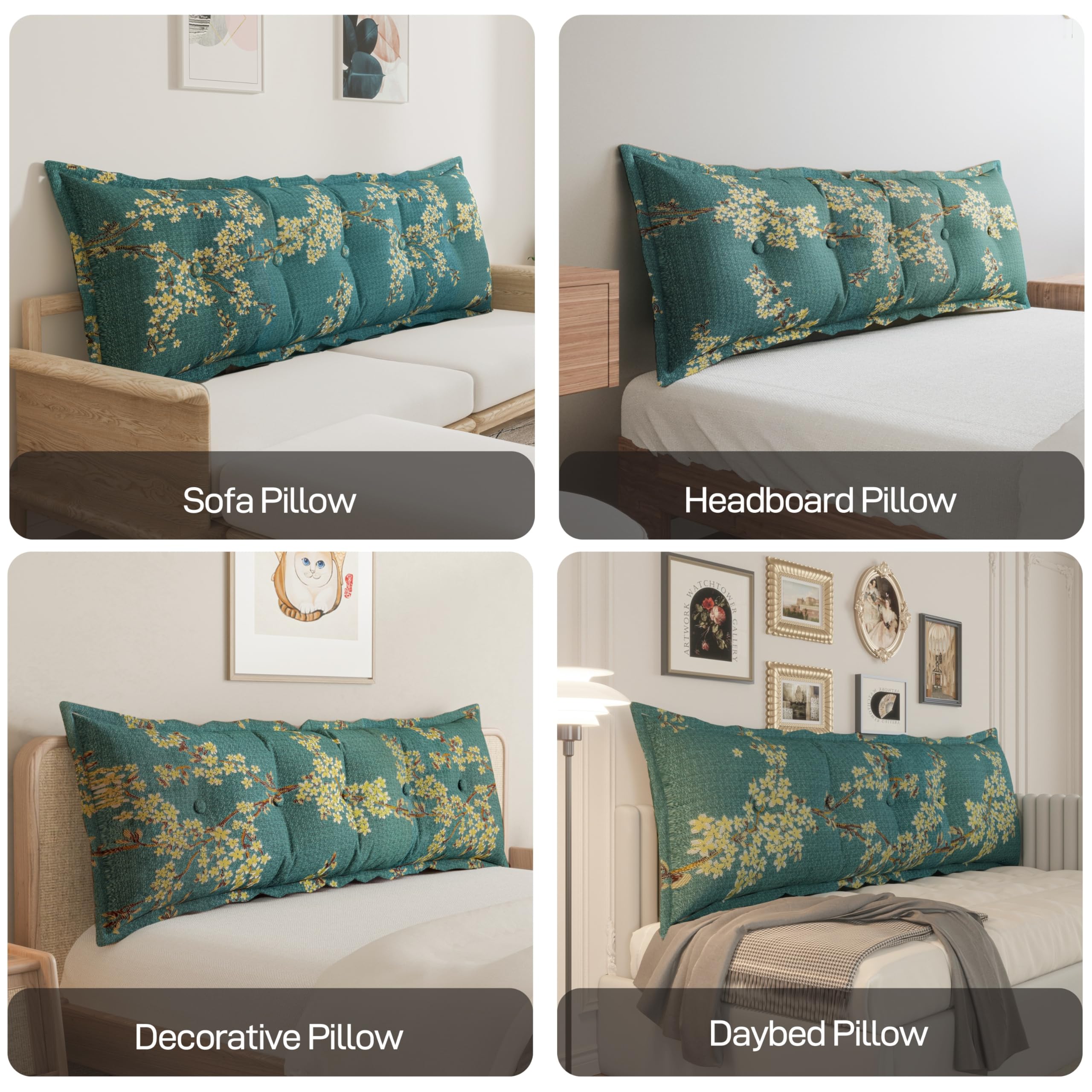 WOWMAX Rectangular Headboard Pillow Twin Size - Bolster Pillow for Bed Back Support, Sitting in Bed, Daybed Use - Blue Floral Pattern - Perfect for Reading, Watching TV & Relaxing in Bed