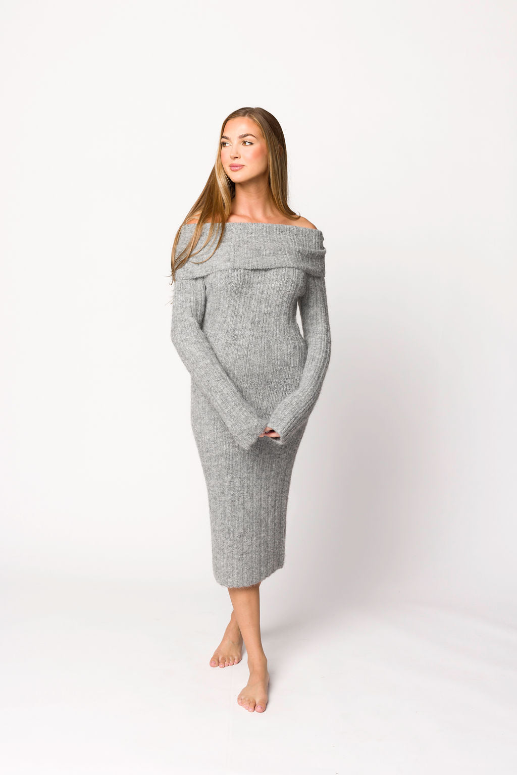 Beth Off the Shoulder Sweater Midi Dress - Heather Grey Knit Dress for Women | Casual Chic Outfit for Date Night, Office Wear & Fall Fashion
