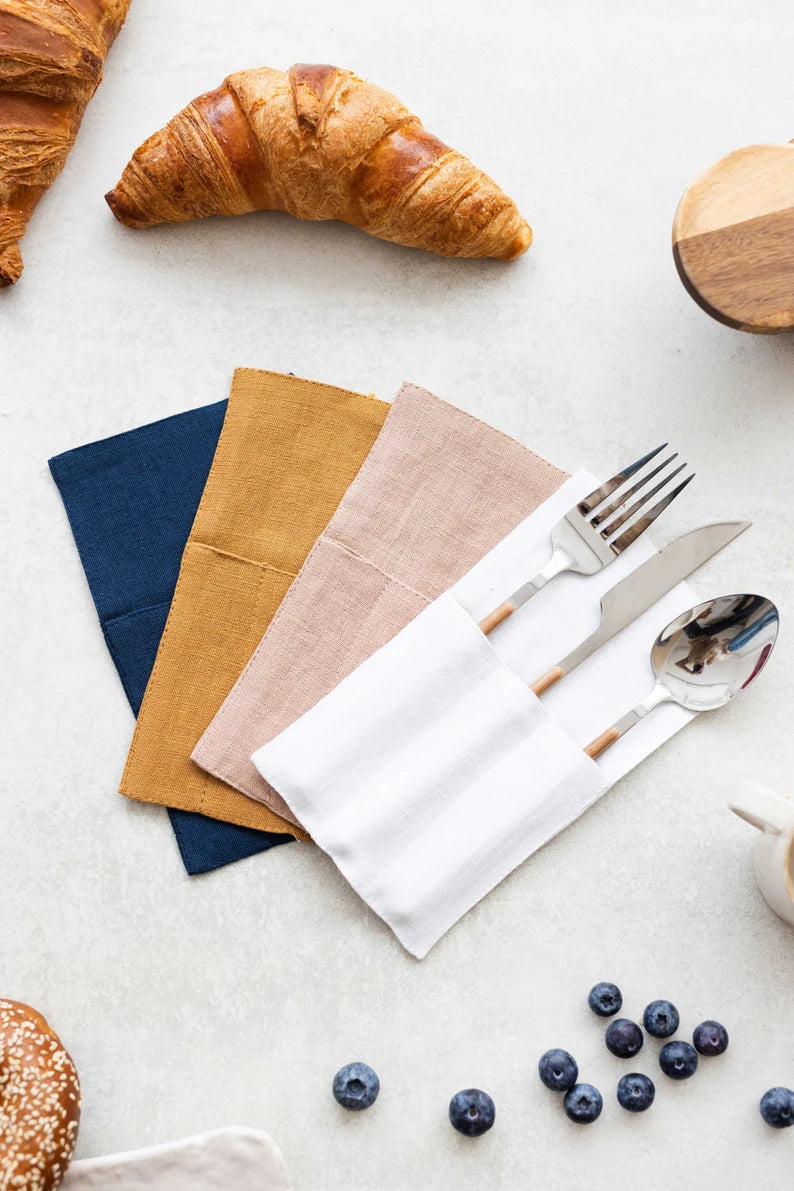 Premium Linen Cutlery Holders Set of 2 - Eco-Friendly Utensil Organizer for Kitchen & Dining - Assorted Colors for Table Setting & Party Decor