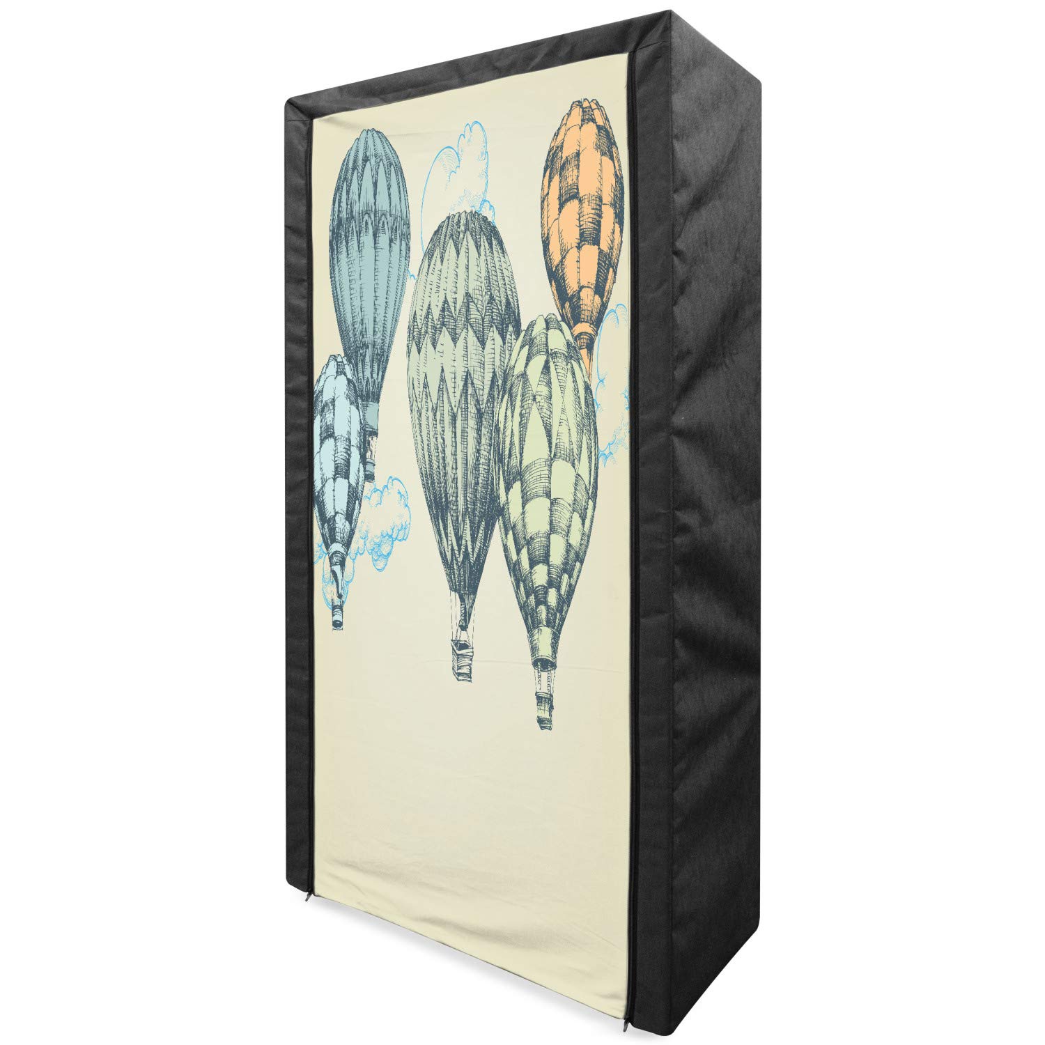 Ambesonne Vintage Portable Fabric Wardrobe - Hot Air Balloon Sky Print Clothing Organizer with Shelves, 33.5 Inch, Green & Blue | Perfect for Bedroom, Closet Storage & Travel Use