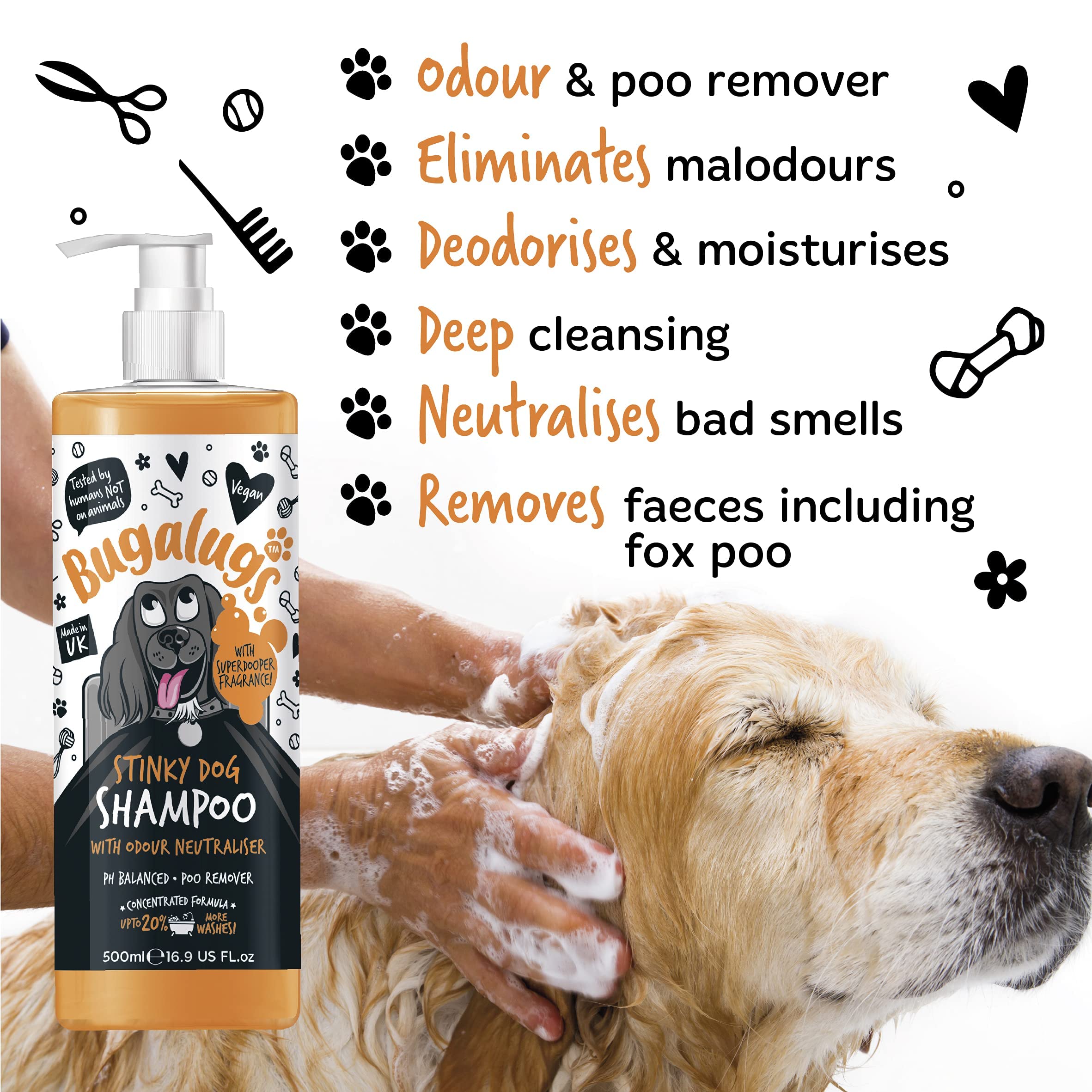 BUGALUGS Odor Neutralizing Dog Shampoo for Smelly Dogs - Fox Poo & Stink Remover with Natural Perfume | Vegan, Hypoallergenic Puppy Shampoo & Conditioner for Sensitive Skin (500ml) | Perfect for Outdoor Adventures, Post-Walk Cleansing & Smelly Pet Care