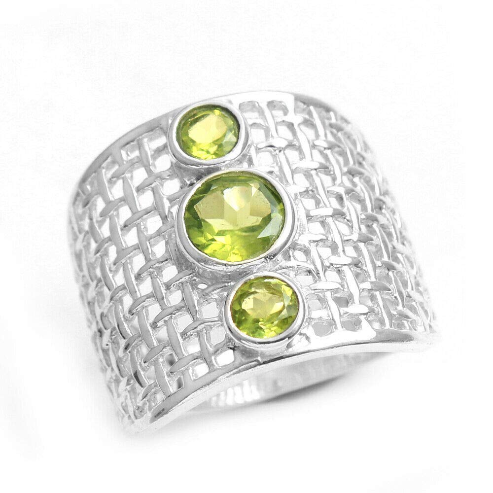 Peridot 925 Sterling Silver Rings for Women - Green Gemstone Bridesmaid Jewelry, Round 3-Stone Bezel Set Handmade Rings | Perfect for Weddings, Parties & Everyday Elegance