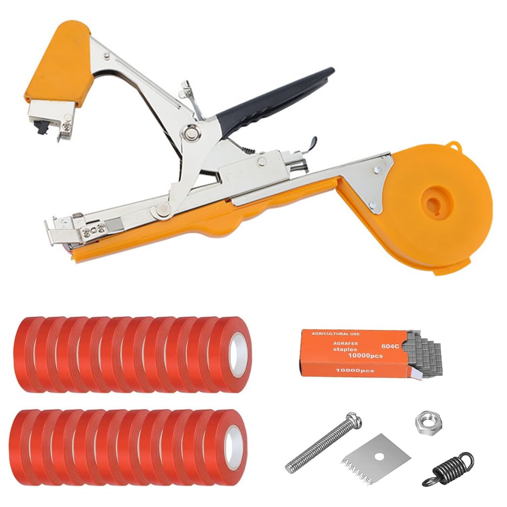 **Plant Tying Machine Set - Vine Tying Tool for Climbing Plants, Tomatoes, Cucumbers & Vining Vegetables - Includes 10,000 Staples & 20 Rolls (Orange) - Perfect for Gardening, Greenhouse & Farm Use**