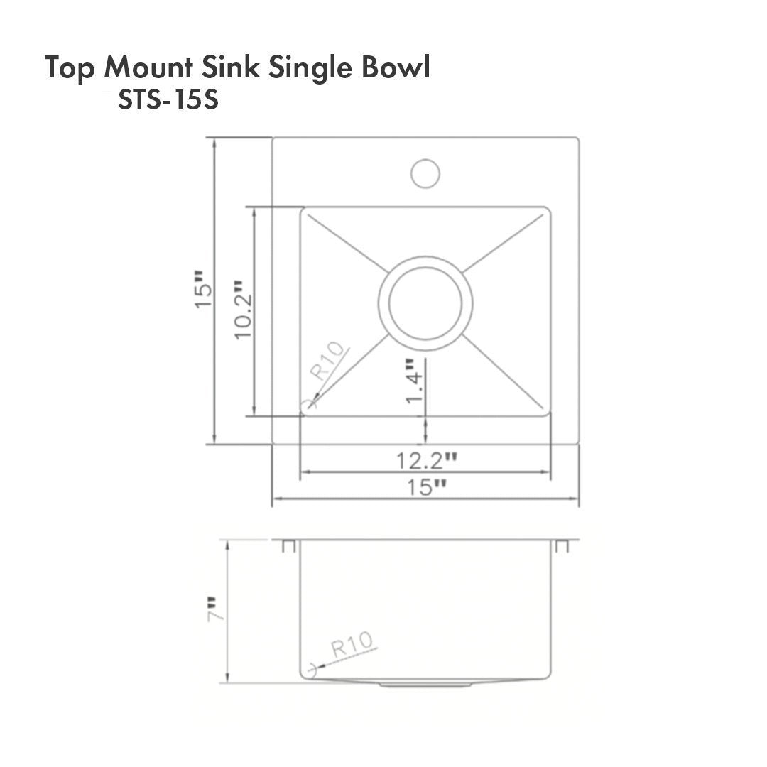 ZLINE 15 Inch Stainless Steel Single Bowl Bar Kitchen Sink - Topmount Design with Multiple Color Options (STS 15) - Perfect for Small Kitchens, Bars, and RV Use