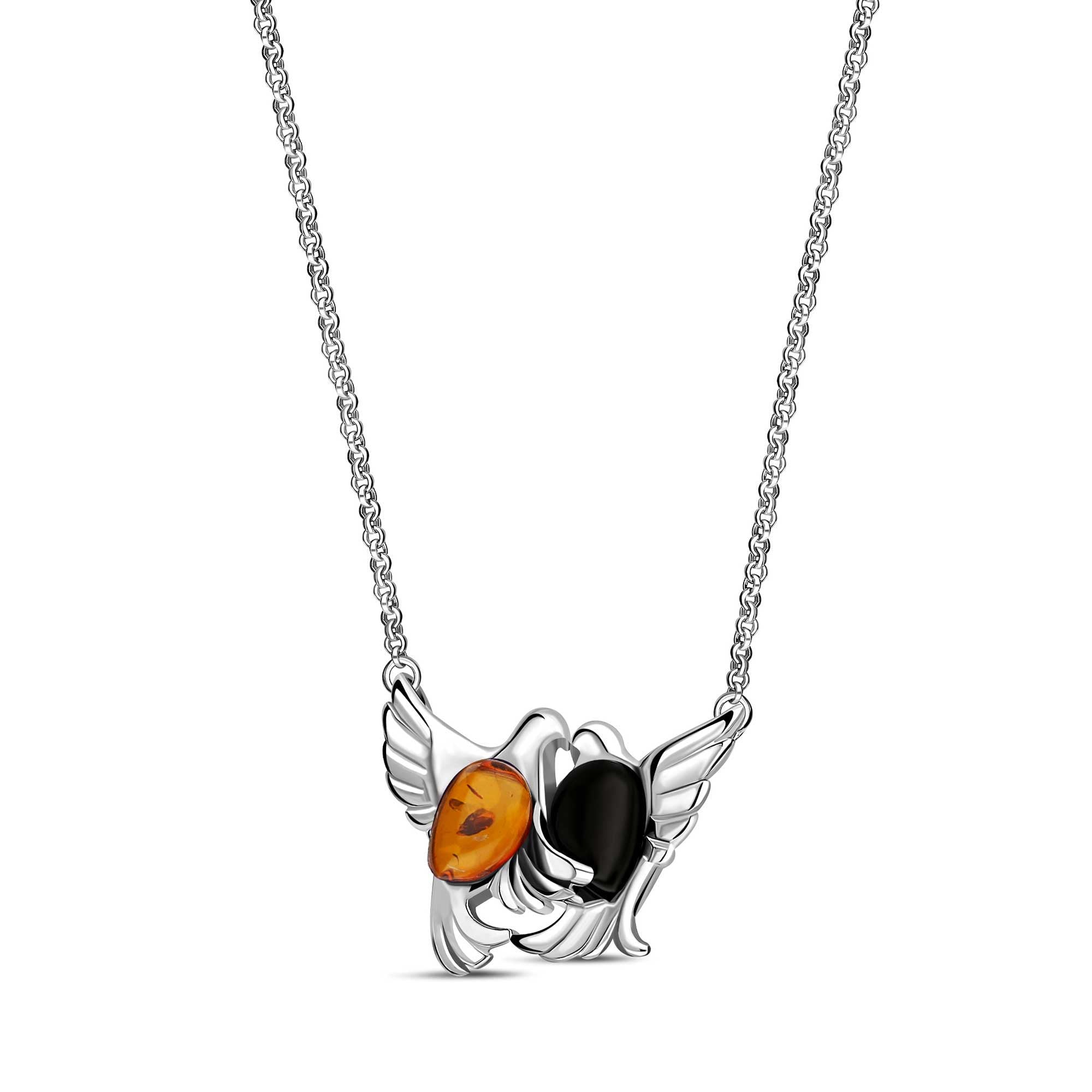 Sterling Silver Whitby Jet & Amber Entwined Dove Pendant Necklace - Elegant Jewelry Gift for Women, Perfect for Weddings, Anniversaries & Special Occasions