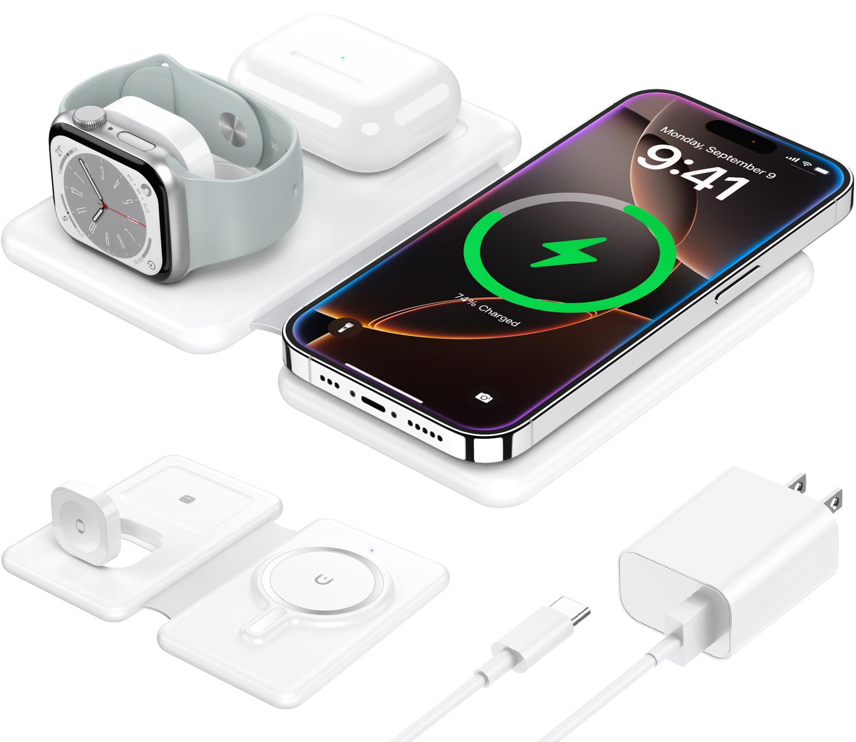 3-in-1 Wireless Charger for iPhone 16/15/14, AirPods & Apple Watch - Travel & Home Use