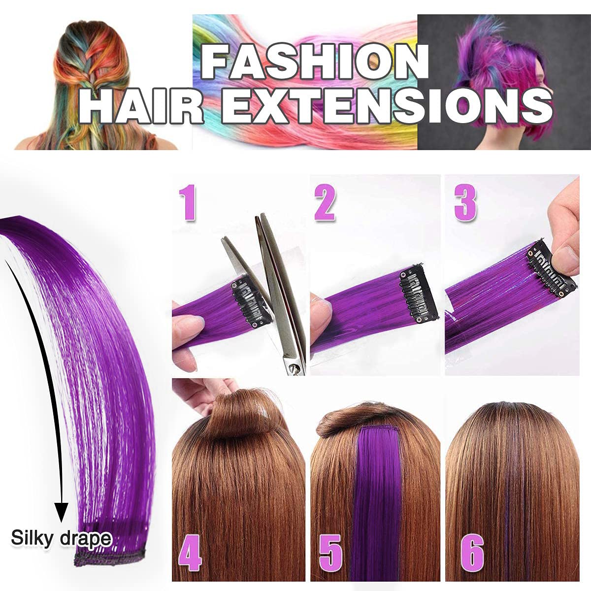 OSEN Purple Hair Extensions for Women & Girls - 6-Piece Colored Hair Streak Set for Highlighting & Styling - Perfect for Parties, Cosplay & Everyday Fashion