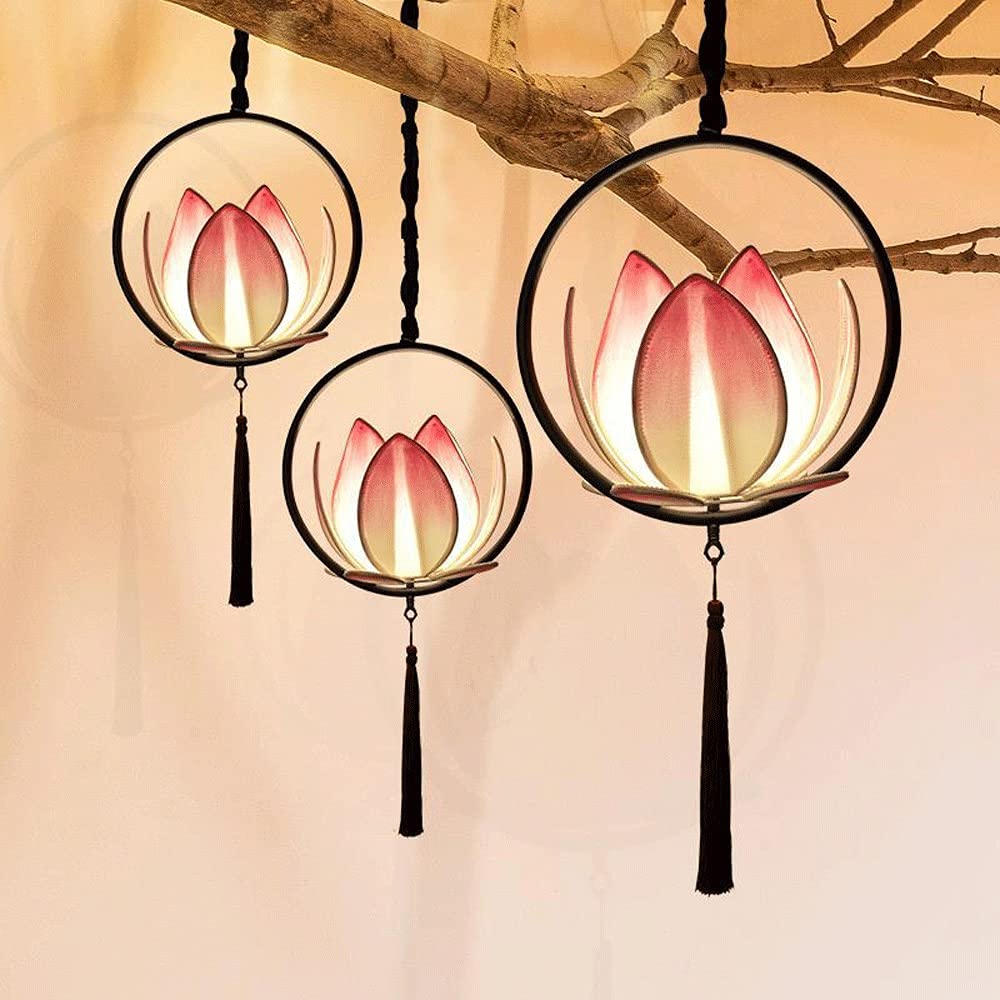 Modern LED Chandelier Lamp - Chinese Style Cloth Pendant Light with Black Frame for Hotel & Restaurant Decor | Lotus Hanging Lights for Living Room, Bedroom & Dining Room Ceiling Lighting