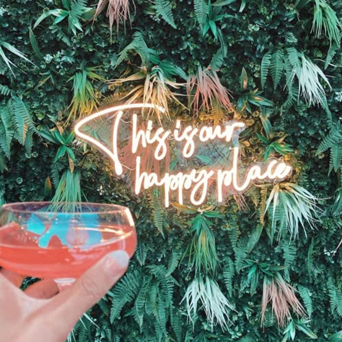 32x16 Inch Vivid LED Neon Sign - 'This is Our Happy Place' Beer Wall Decor Light | Super Bright Custom Neon Lamp for Bar, Man Cave, Home Decor (32TIOHP15)