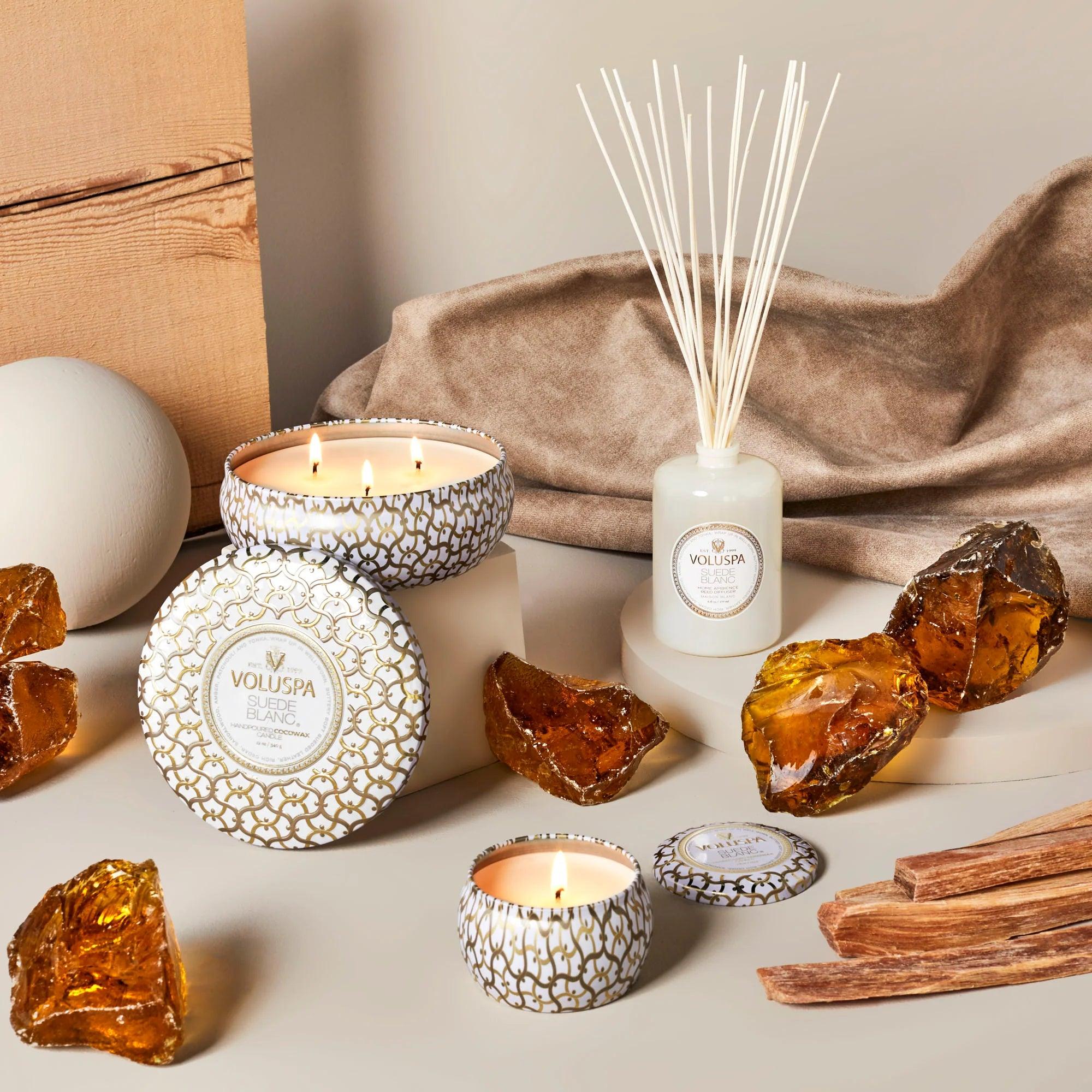 Luxury Suede Blanc 3-Wick Scented Candle in Decorative Tin - Perfect for Home Decor, Relaxation & Romantic Ambiance