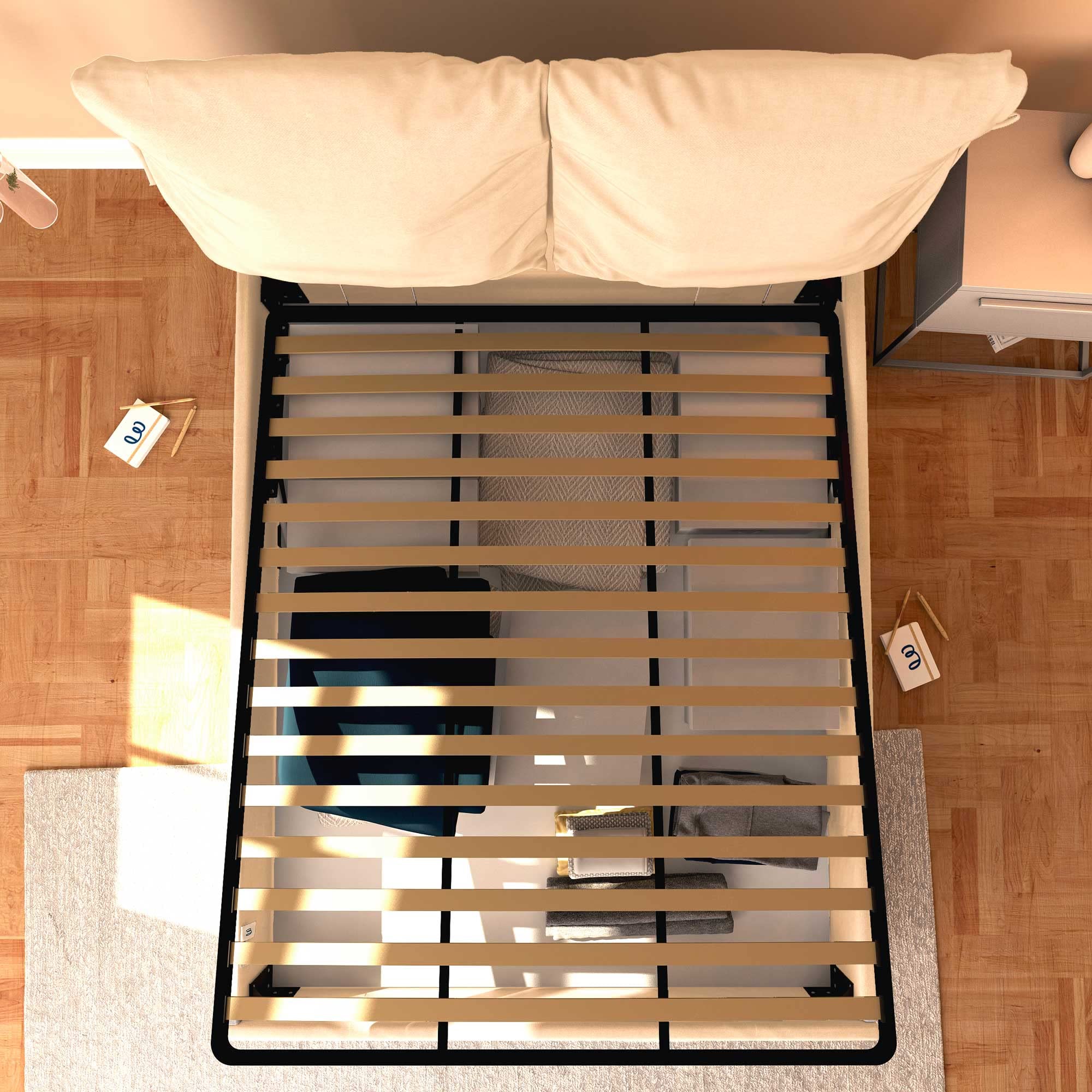 Baldiflex Licia Soft Fabric Storage Bed Frame with Slatted Base, 160x200 cm, Padded Headboard, Beige - Perfect for Guest Rooms, Small Apartments & Cozy Bedrooms