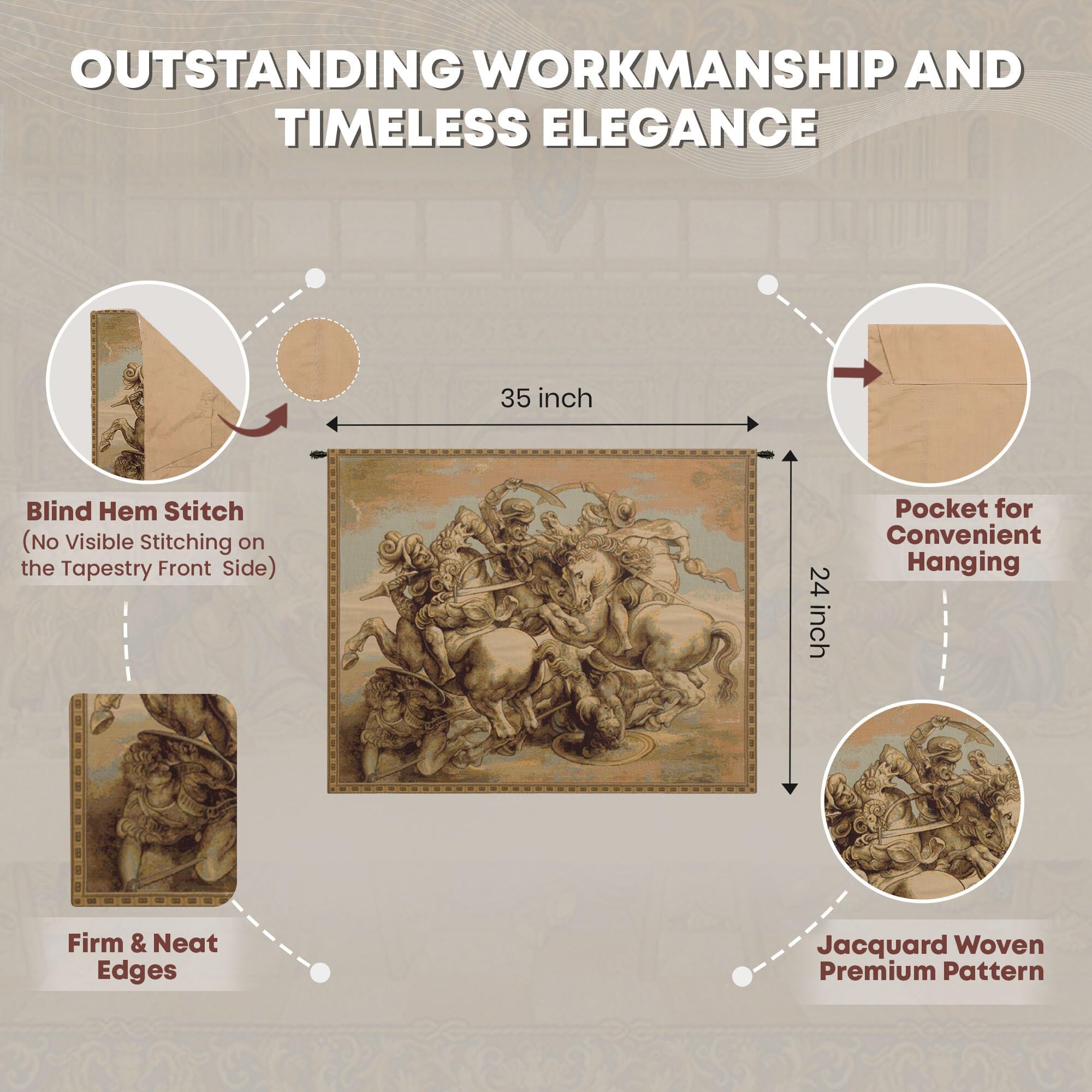 Leonardo da Vinci The Battle of Anghiari Tapestry Wall Hanging - 24x35 Inch Italian Renaissance Art, Viscose Cotton Polyester Blend, Home Decor Wall Art for Living Room, Bedroom & Office