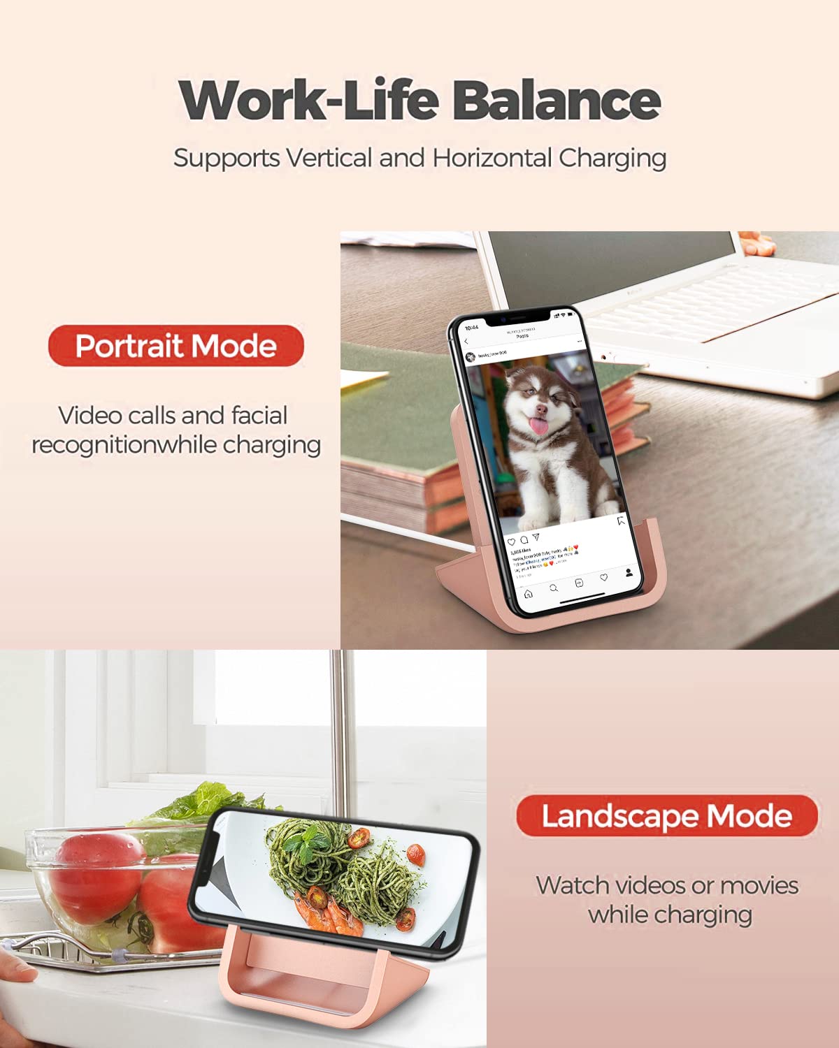 YUWISS Wireless Charging Stand - 10W/7.5W/5W Fast Qi-Certified Charger for iPhone 14/13/12/11/X Series & Galaxy S22/S21/S9/S8/Note - Rose Gold | Perfect for Bedside, Office & Car Charging