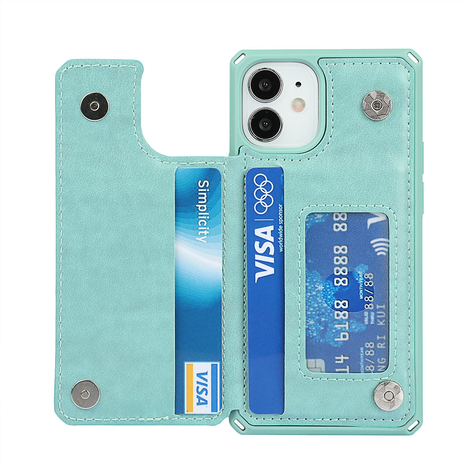 iCoverCase iPhone 12 Mini Wallet Phone Case with Card Holder - RFID Blocking PU Leather Wrist Strap Case for Women (5.4 Inch, Heart Mint) - Perfect for Everyday Use, Travel & Contactless Payments