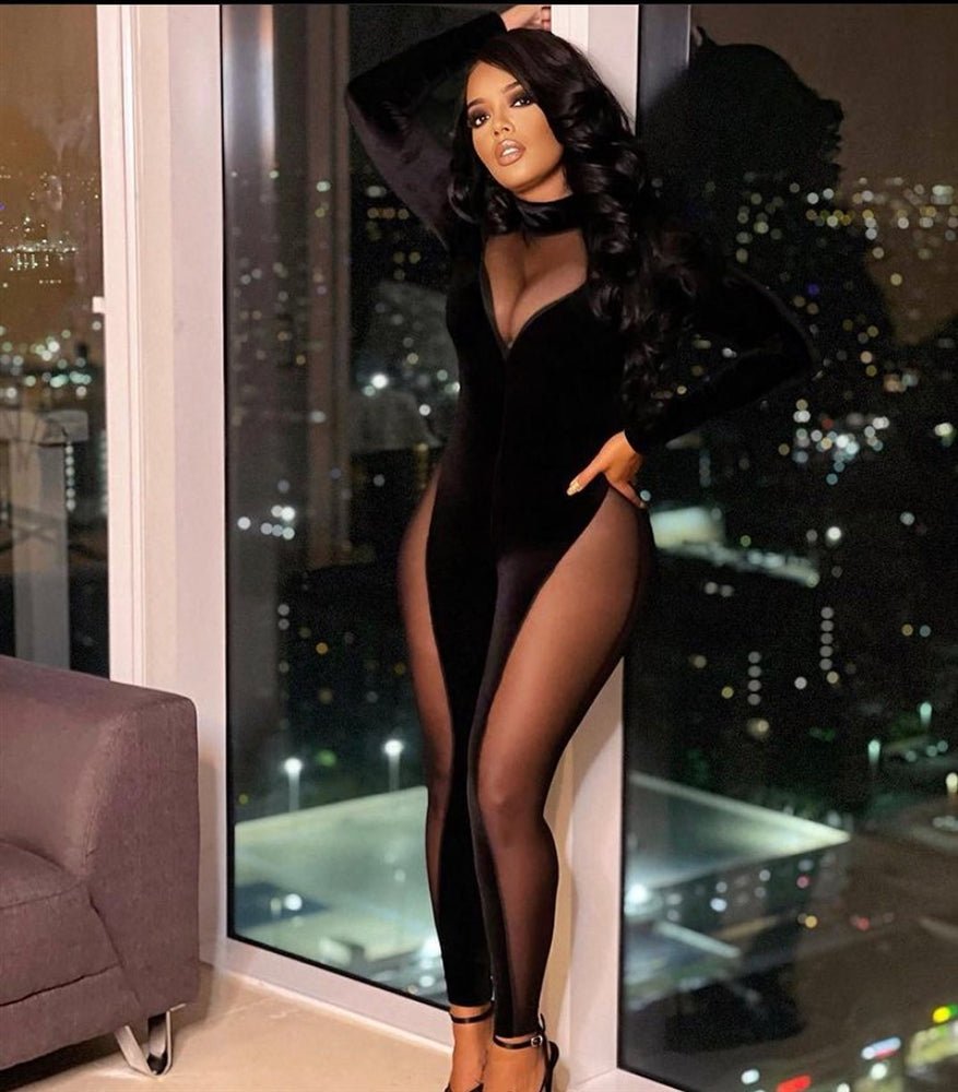 Black Velour Mock Neck Long Sleeve Jumpsuit for Women - Soft Mesh Fabric, Elegant One-Piece Outfit for Casual Wear, Date Night & Holiday Parties