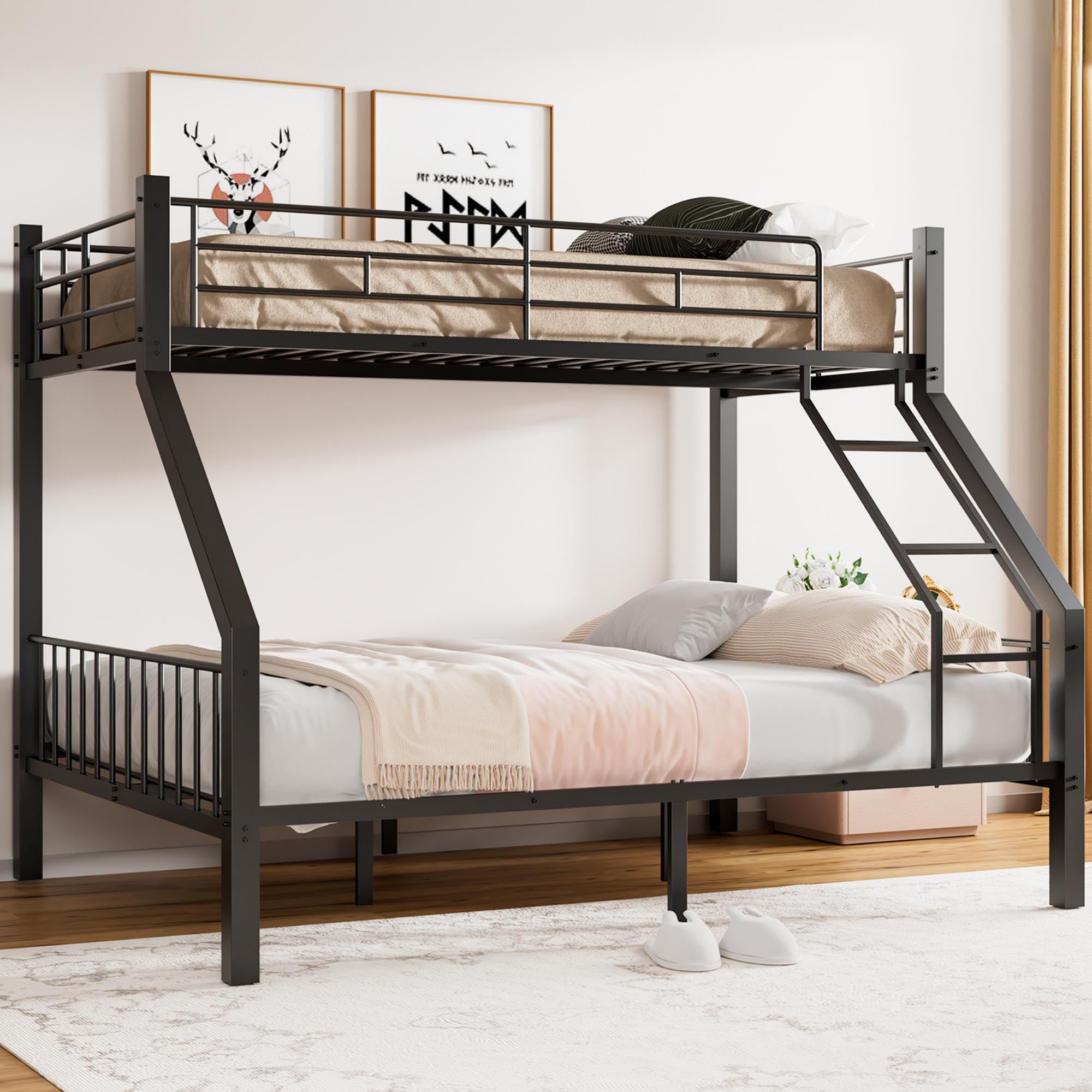 Twin XL Over Queen Bunk Bed - Heavy Duty Metal Frame with Safety Ladder & Full Guardrails - Sturdy Slat Support for Adults, Teens & Kids - Space Saving Black Bunk Bed for Dorms, Guest Rooms & Small Apartments