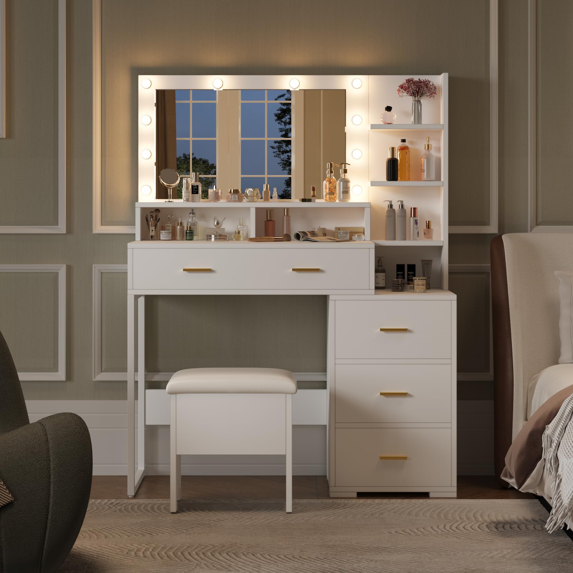 LED Makeup Vanity Desk with Mirror & 9 Lights, 5 Drawers for Bedroom Beauty
