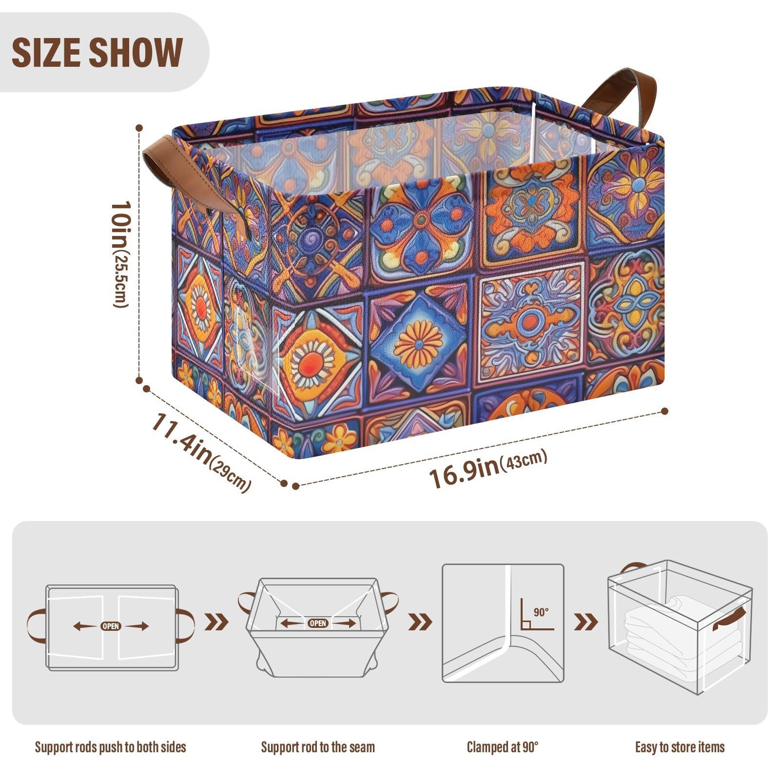 Emelivor Mexican Talavera Blue Storage Bins - Foldable Rectangular Organizer Baskets with Handles for Shelves, Nursery, Closet & Laundry | Perfect for Organizing Toys, Clothes & Home Decor