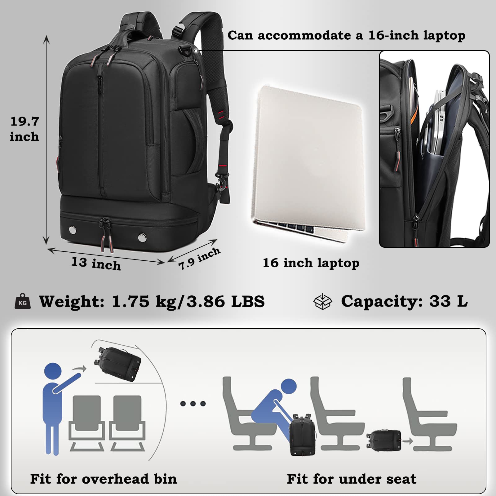 Somago 33L Waterproof Anti-Theft Laptop Backpack for 16 Inch Laptop - Durable Travel Backpack with Shoe Compartment & Luggage Strap for Men & Women (Black) - Perfect for Business Trips, College & Daily Commute