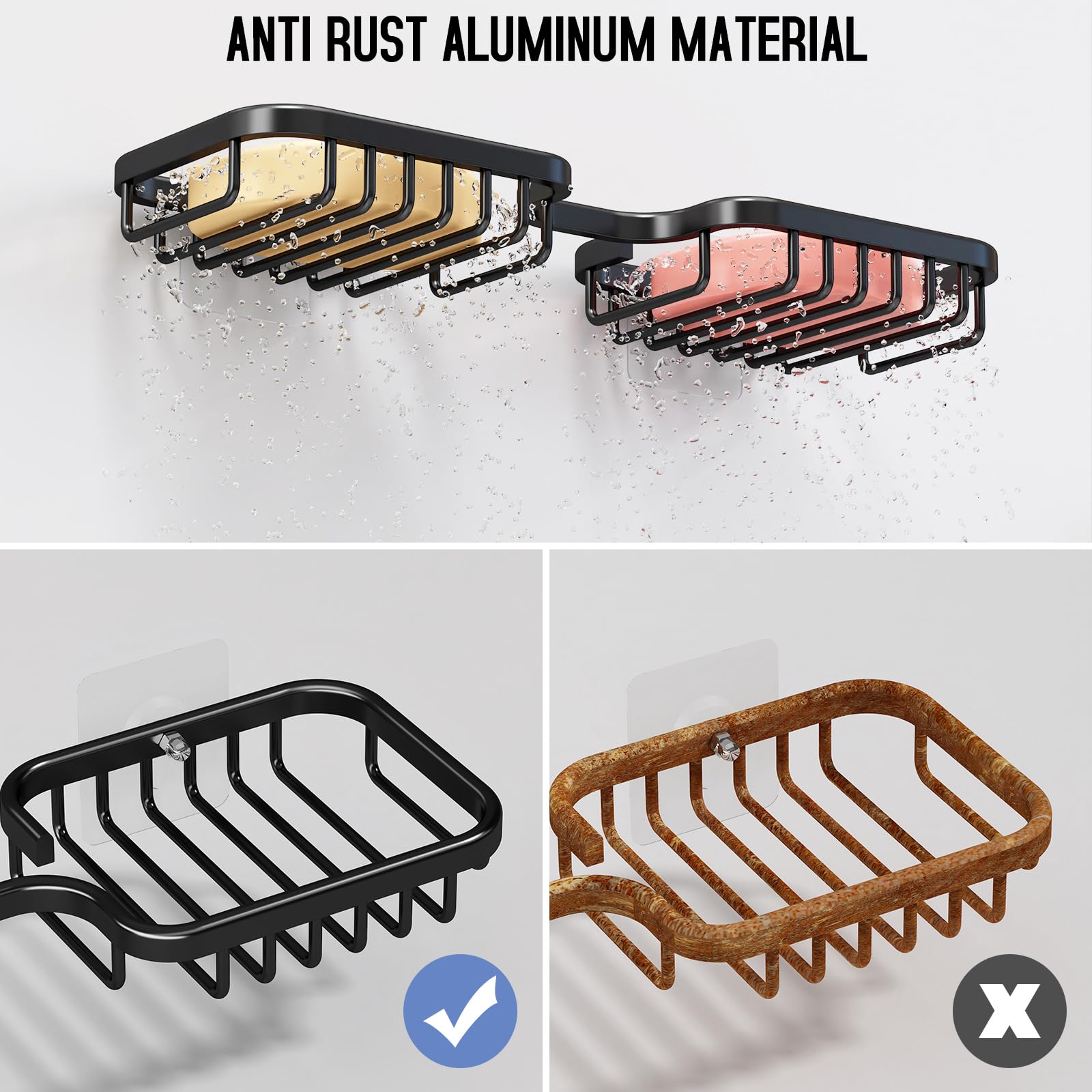 2-Pack Rustproof Aluminum Soap Dish Holder for Shower Wall - No Drill Installation, Square Bathroom Soap Tray & Kitchen Sponge Holder (Black) | Perfect for Showers, Bathtubs, and Sink Areas