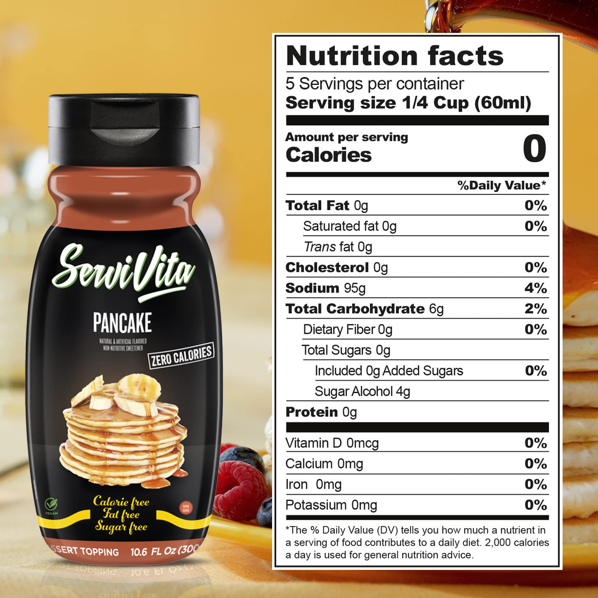 Sugar Free Pancake Syrup Zero Calories & Fat Free - 10.6 FL OZ Bottle | No Sugar Added, Gluten-Free, Non-GMO, Vegan & Keto Friendly Dessert Topping by ServiVita | Perfect for Pancakes, Waffles, French Toast & Low-Carb Diets