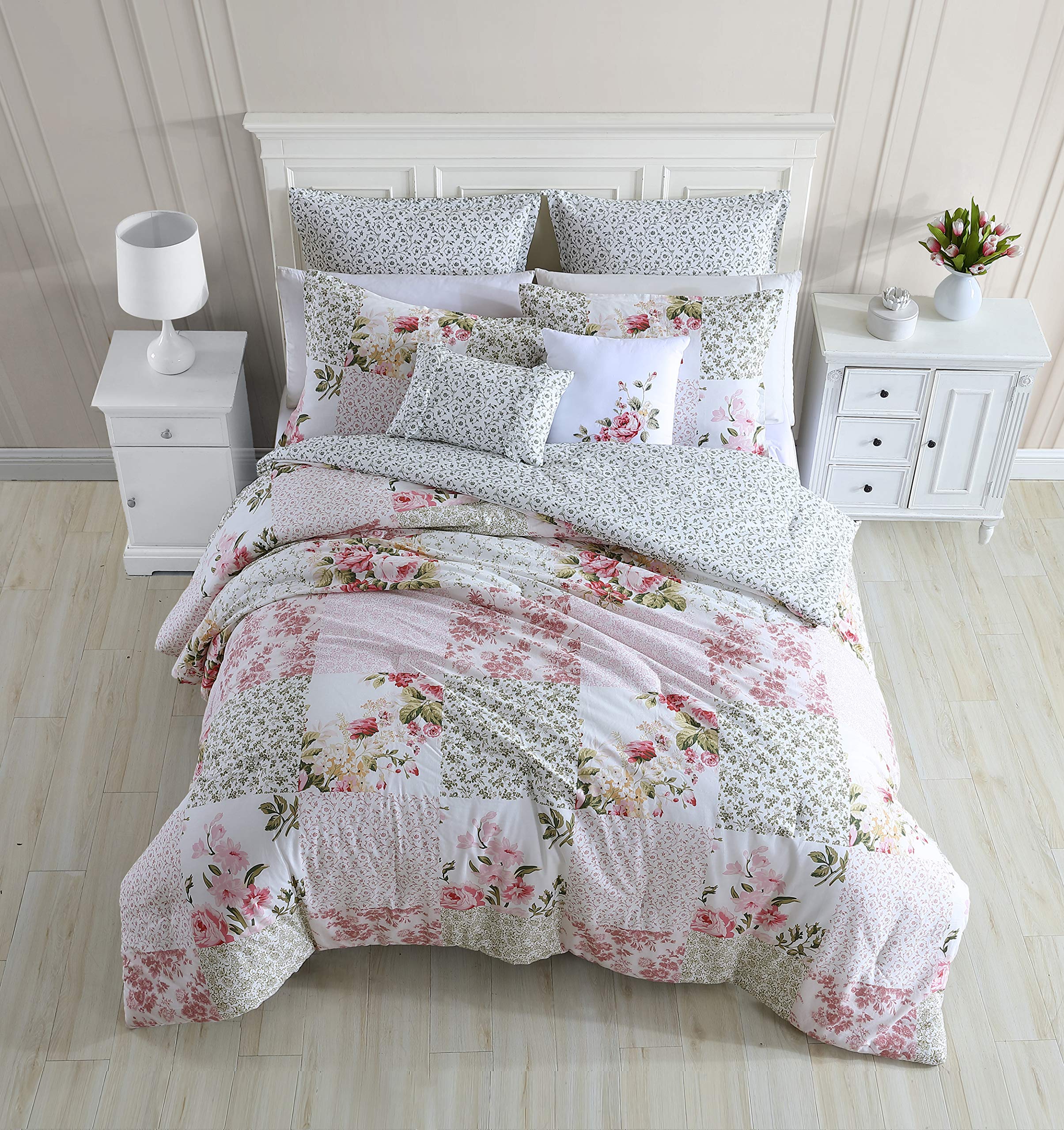 Laura Ashley Home - Reversible Twin Comforter Set with Matching Sham, Euro Sham & Throw Pillows | 100% Cotton Bedding | Ailyn Pink | Perfect for Kids' Rooms, Guest Bedrooms & Dorm Decor