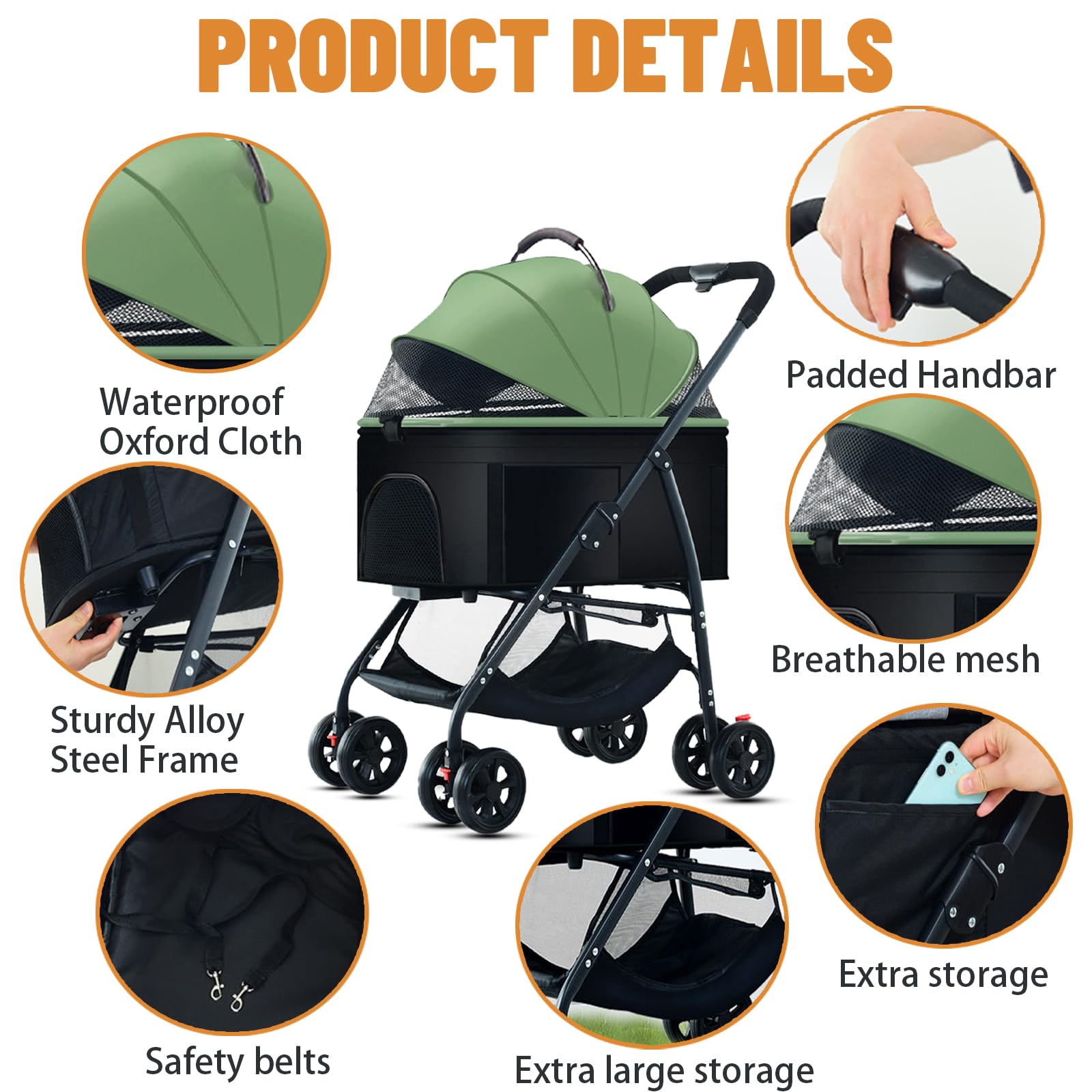3-in-1 Pet Stroller for Dogs & Cats - Removable Carrier Dog Wagon for Medium Pets Up to 55lbs - Lightweight & Foldable Green Pet Stroller - Perfect for Travel, Vet Visits & Outdoor Adventures