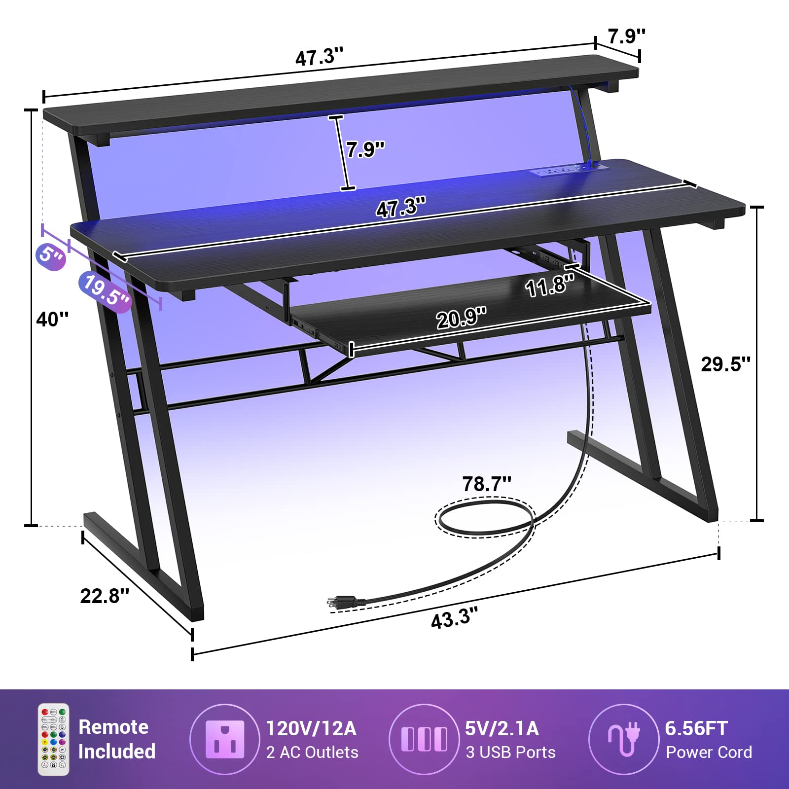 Armocity Music Studio Desk with Power Outlets & RGB LED Lights - Professional Recording Studio Workstation for Music Producers, DJs & Home Studios - Matte Black Design for Home & Professional Music Production Spaces
