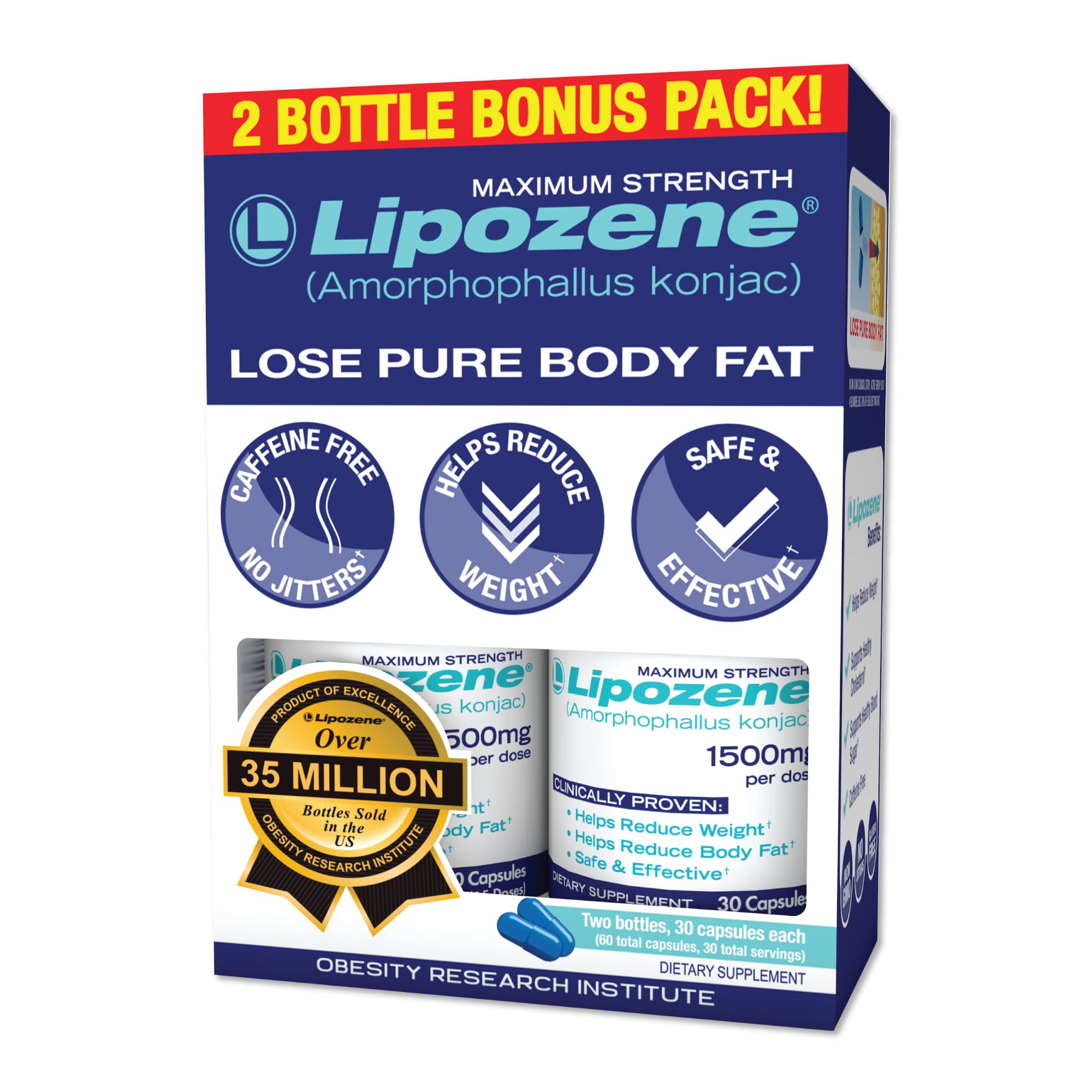 Lipozene Weight Loss Pills - Natural Appetite Suppressant & Fat Burner Supplement - 60 Capsules (2 x 30 Count) - Stimulant-Free Diet Aid for Men & Women - Perfect for Office Workers & Busy Professionals
