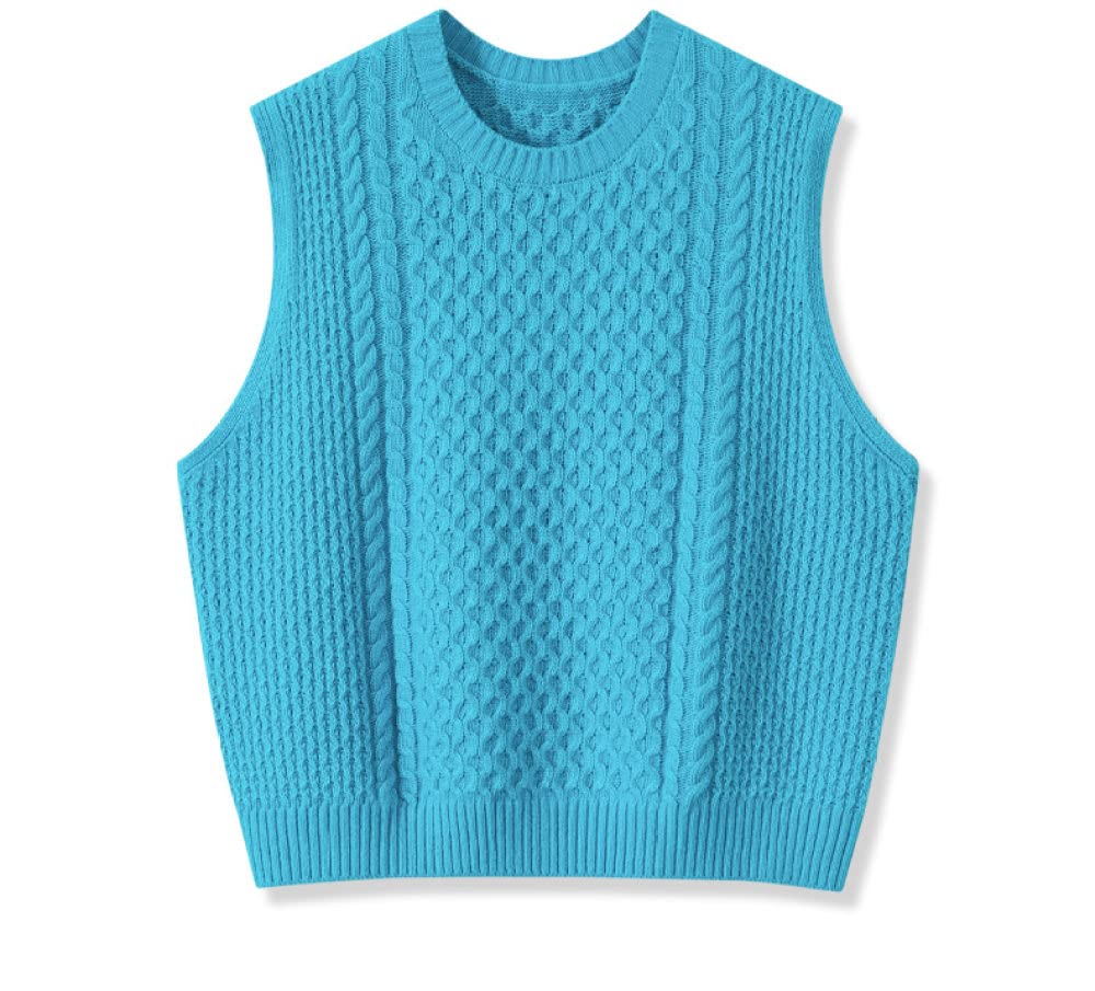 Women's Retro Blue Wool Sweater Vest - Short Round Neck Sleeveless Pullover Tank Top, Solid Color Knitted Waistcoat for Preppy Style & Streetwear | Perfect for Layering, Office Wear & Casual Outfits