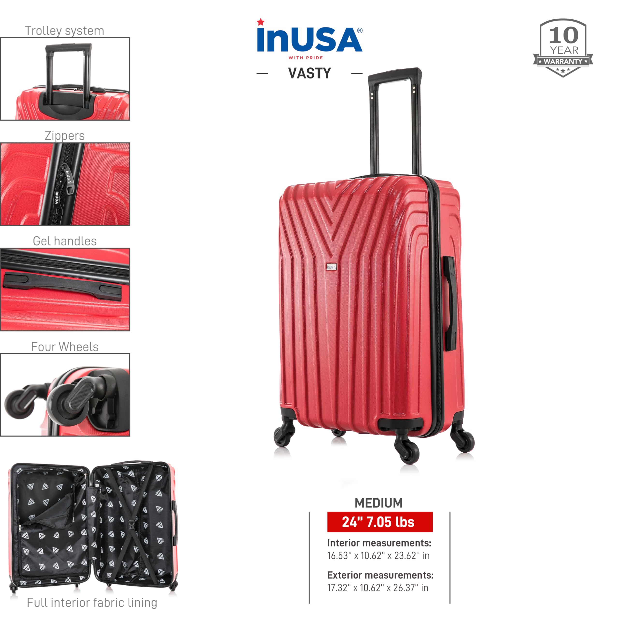 InUSA VASTY 24-Inch Hardside Spinner Luggage - Lightweight Durable Suitcase with Trolley Handle for Air Travel, Medium Checked Bag (Red) - Perfect for Business Trips, Family Vacations & International Travel