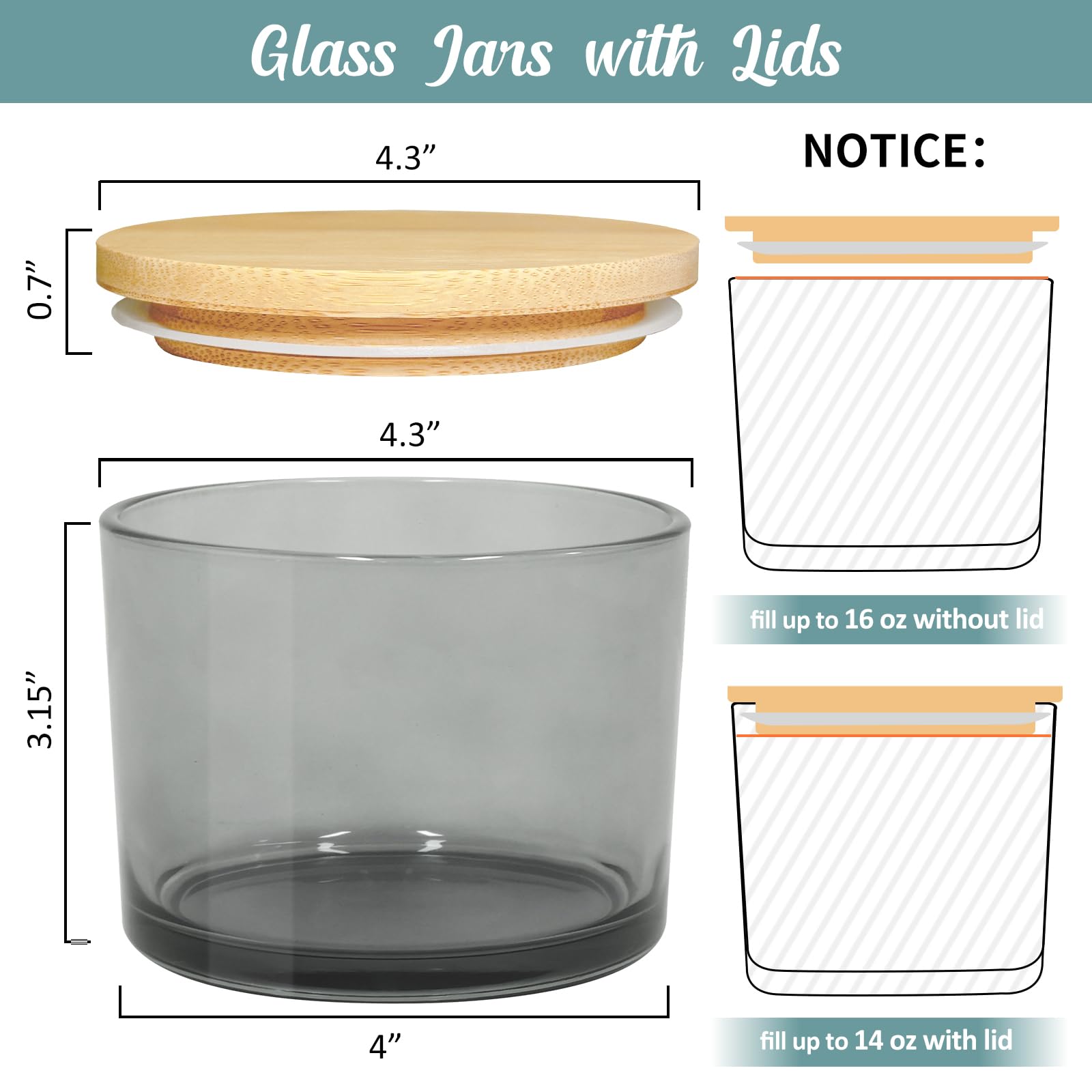 16oz 3 Wick Candle Jars 6 Pack - Large Empty Gray Glass Candle Making Containers with Bamboo Lids, DIY Candle Supplies Kit with Stickers & Labels - Dishwasher Safe - Perfect for Home Decor, Wedding Favors & Gift Packaging